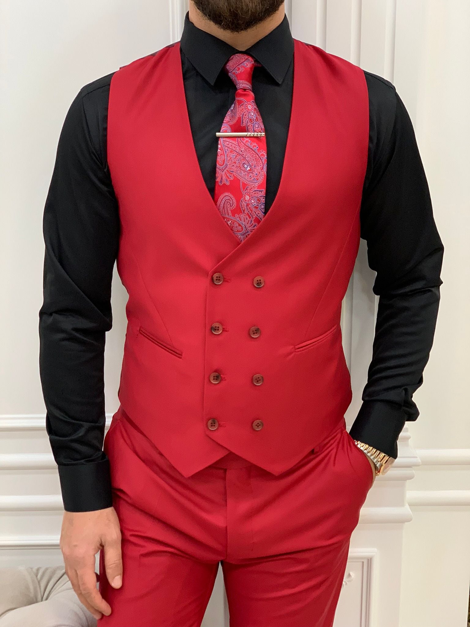 Slim Fit Takım Elbise Ceket Yelek Pantolon - Kırmızı