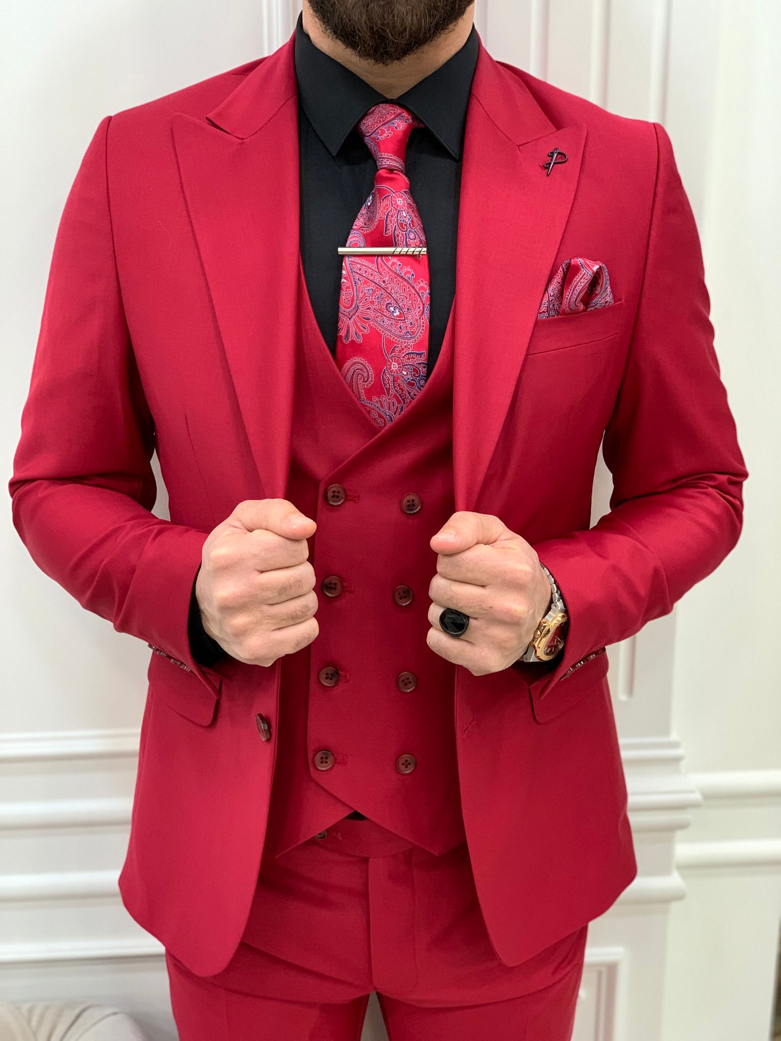 Slim Fit Takım Elbise Ceket Yelek Pantolon - Kırmızı