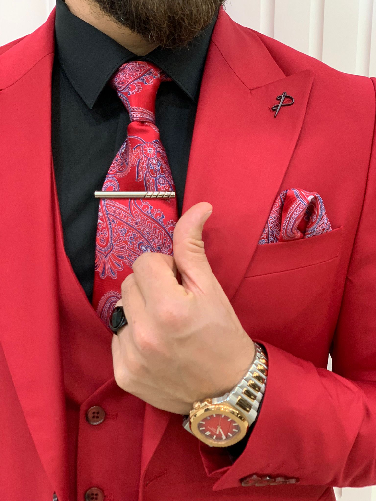Slim Fit Takım Elbise Ceket Yelek Pantolon - Kırmızı