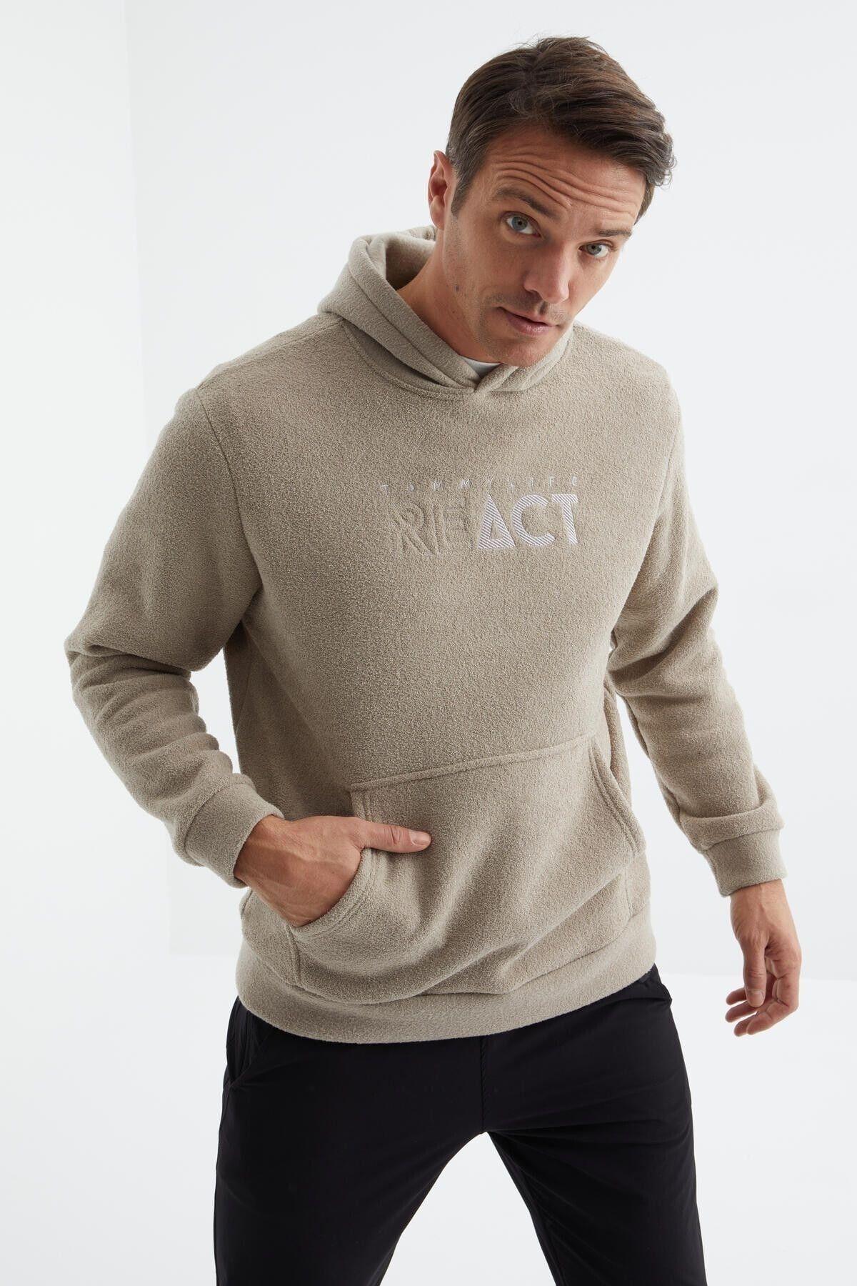 tommy life 88164 Yazı Nakışlı Kanguru Cepli Kapüşonlu Rahat Form Havlu Polar