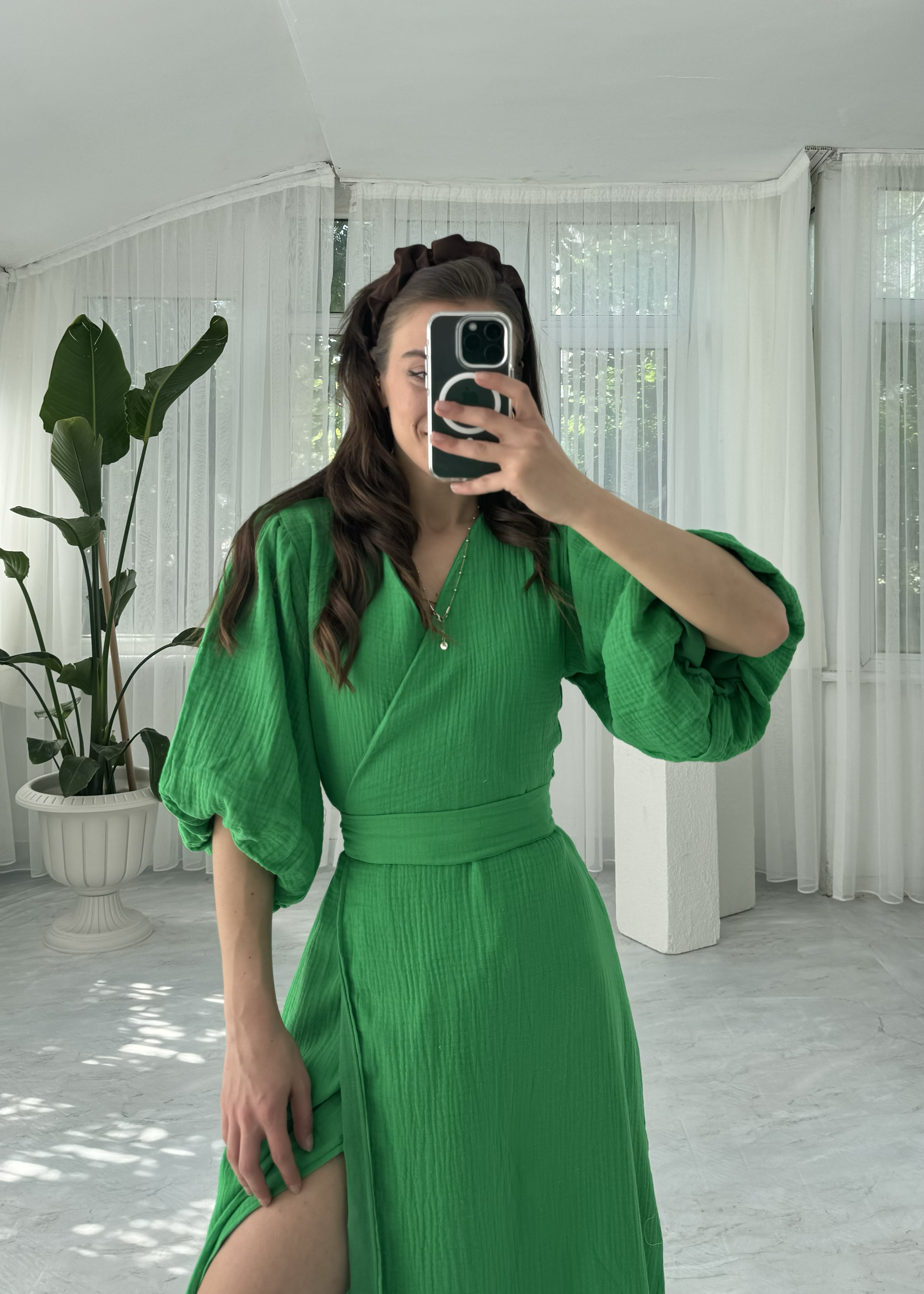 Müslin Kuşaklı Yeşil Elbise