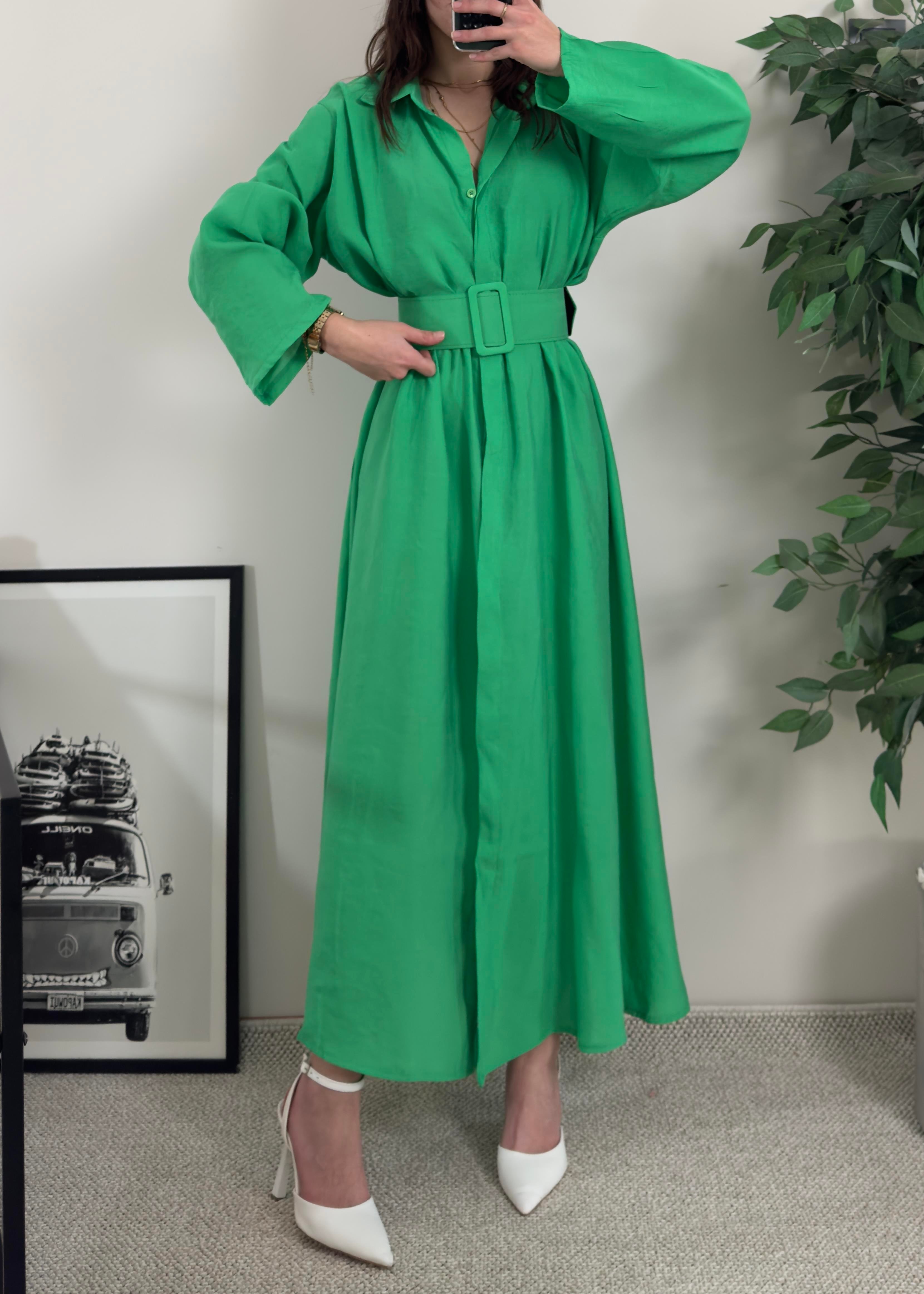 Novee Oversize Yeşil Kemerli Elbise