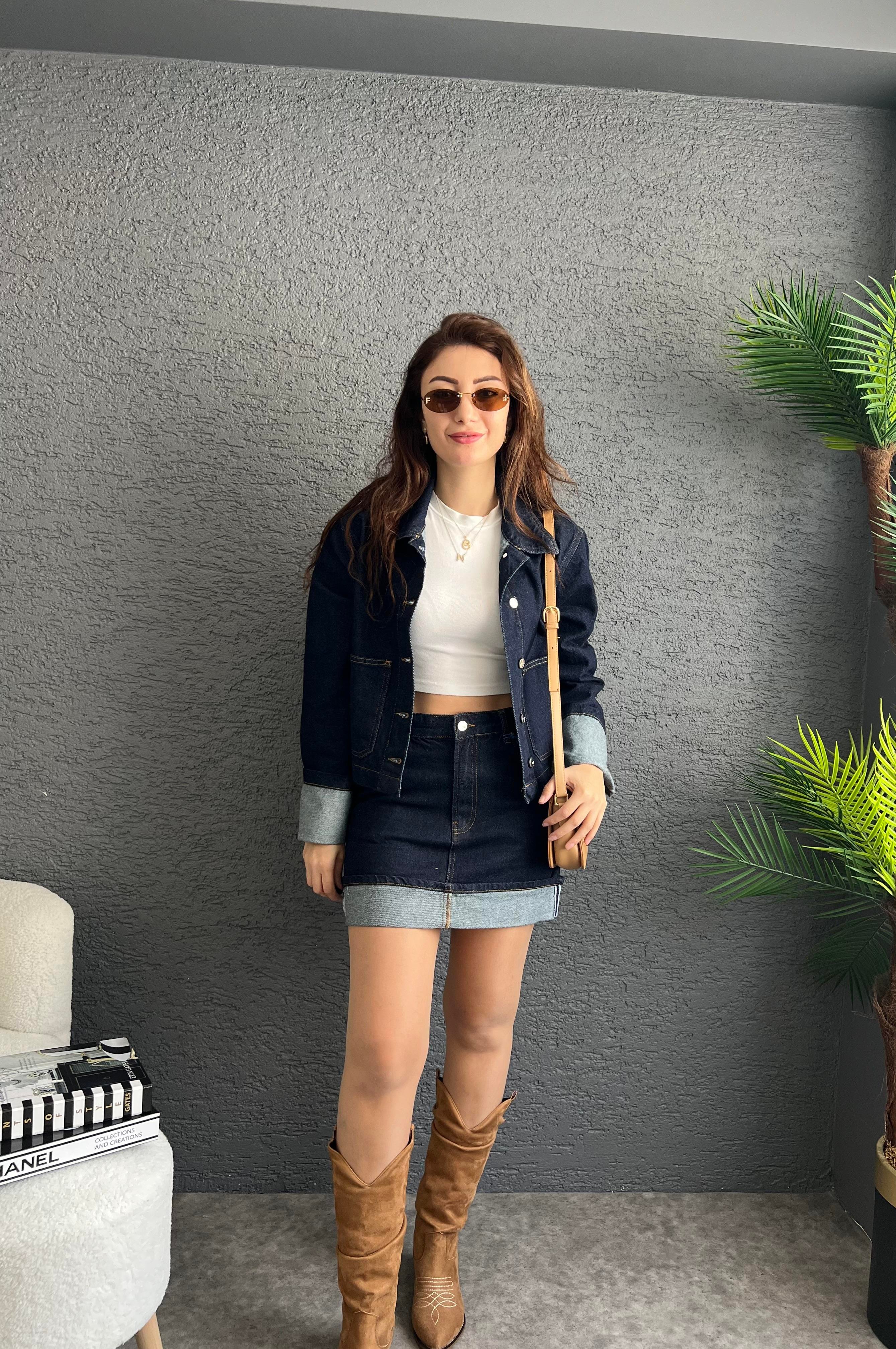 Denim Katlamalı Etek