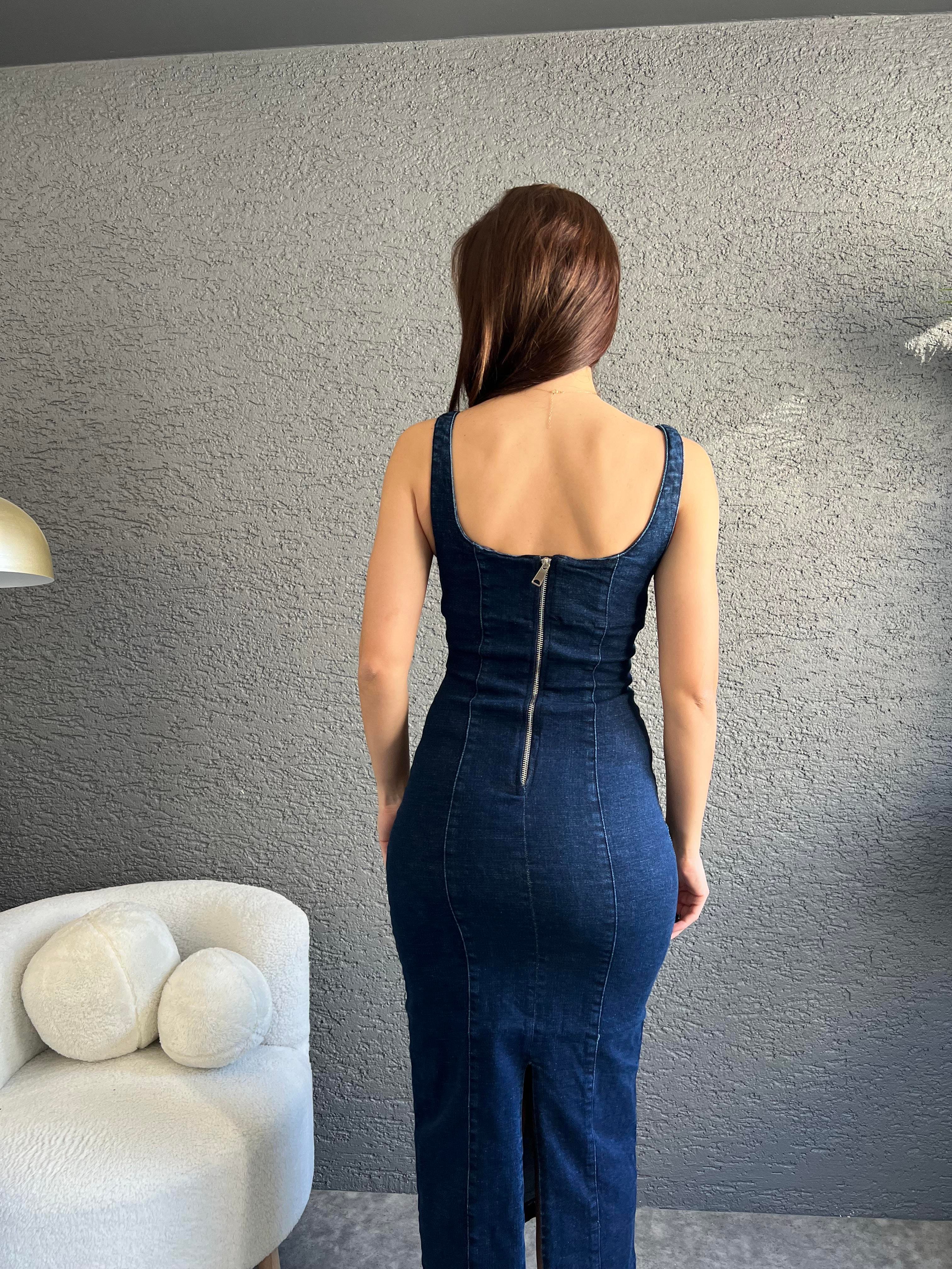 Denim Yırtmaçlı Elbise