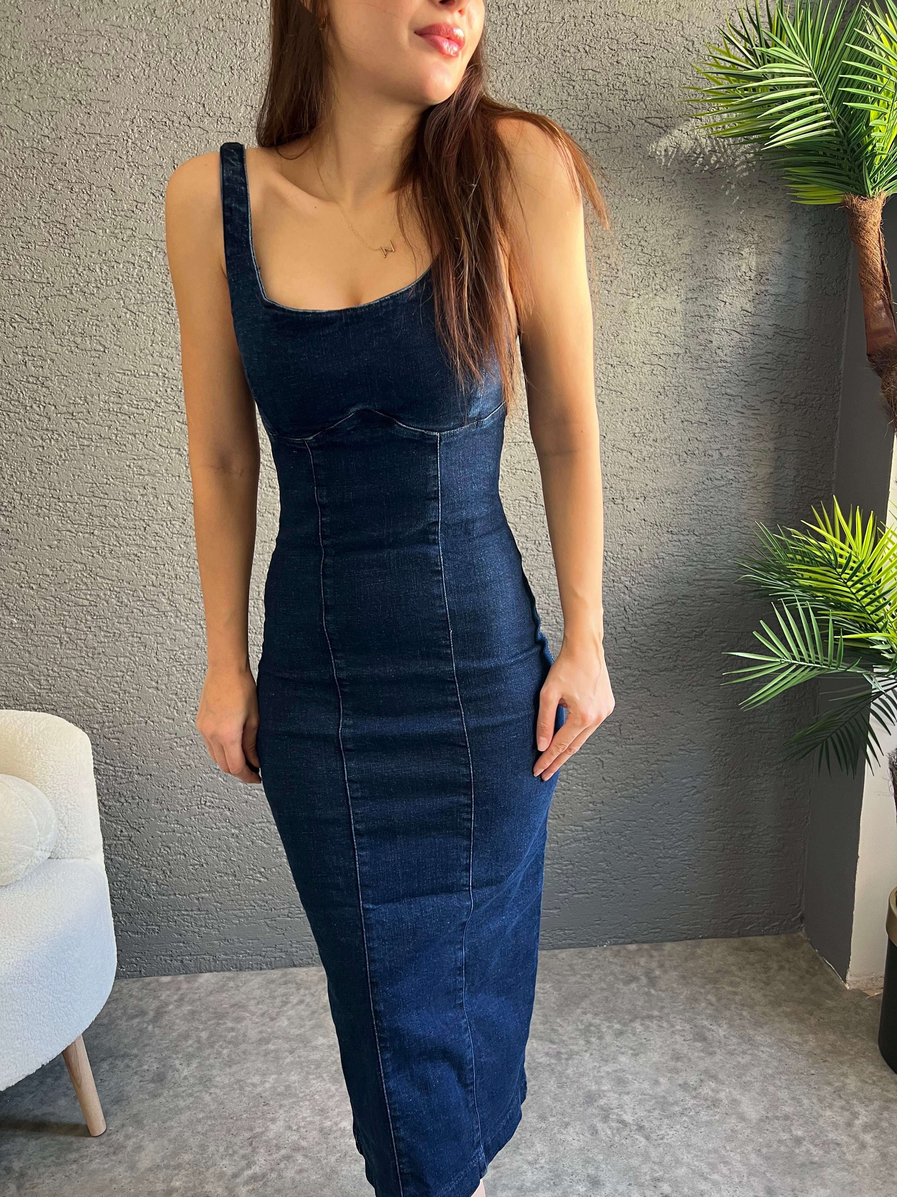 Denim Yırtmaçlı Elbise
