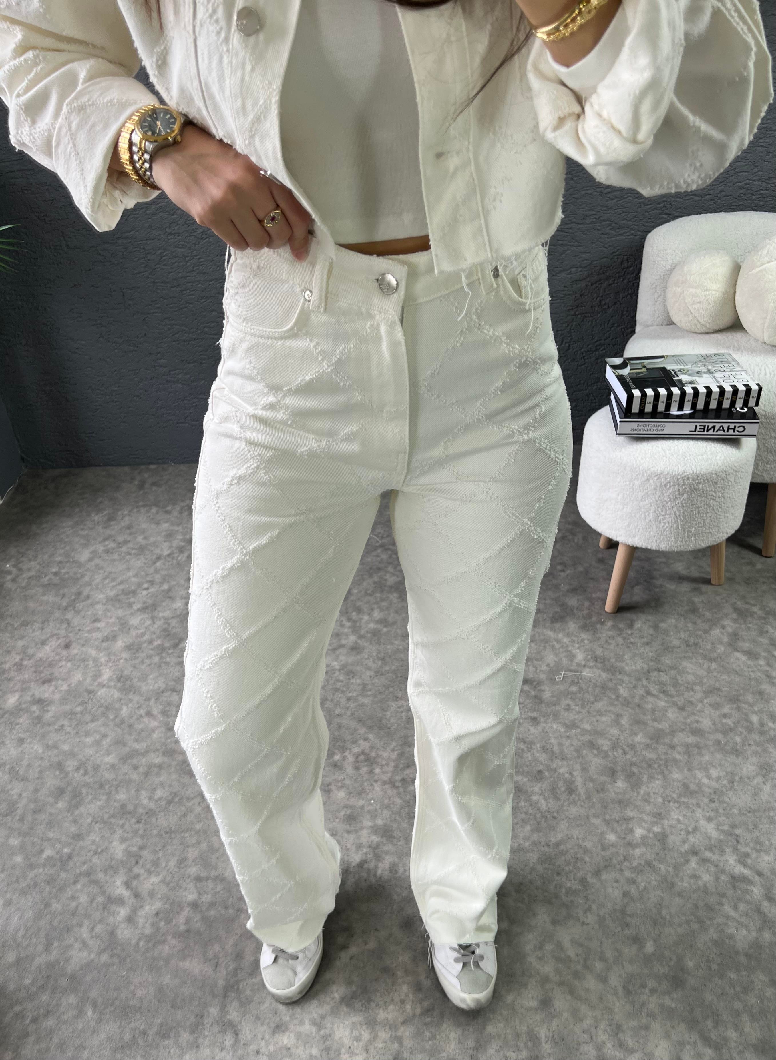 Ekru Çizik Dokulu Jean Pantolon
