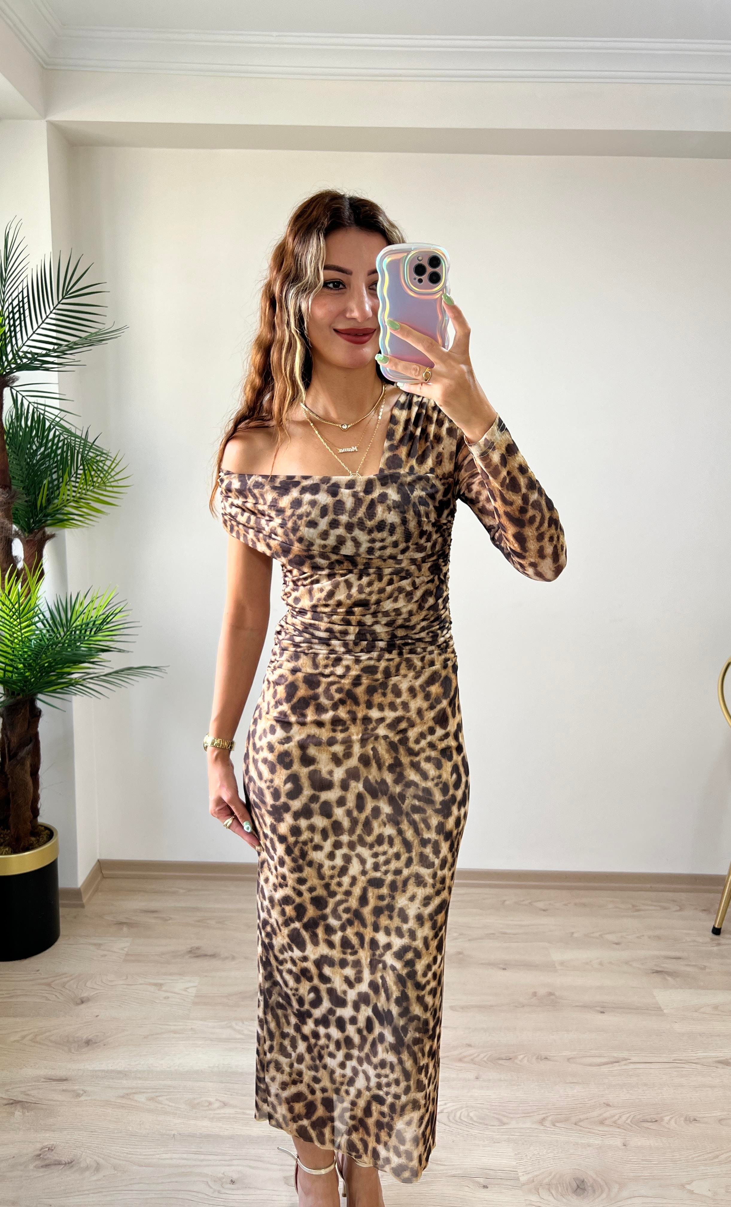 Leopar Desen Tül Drapeli Elbise