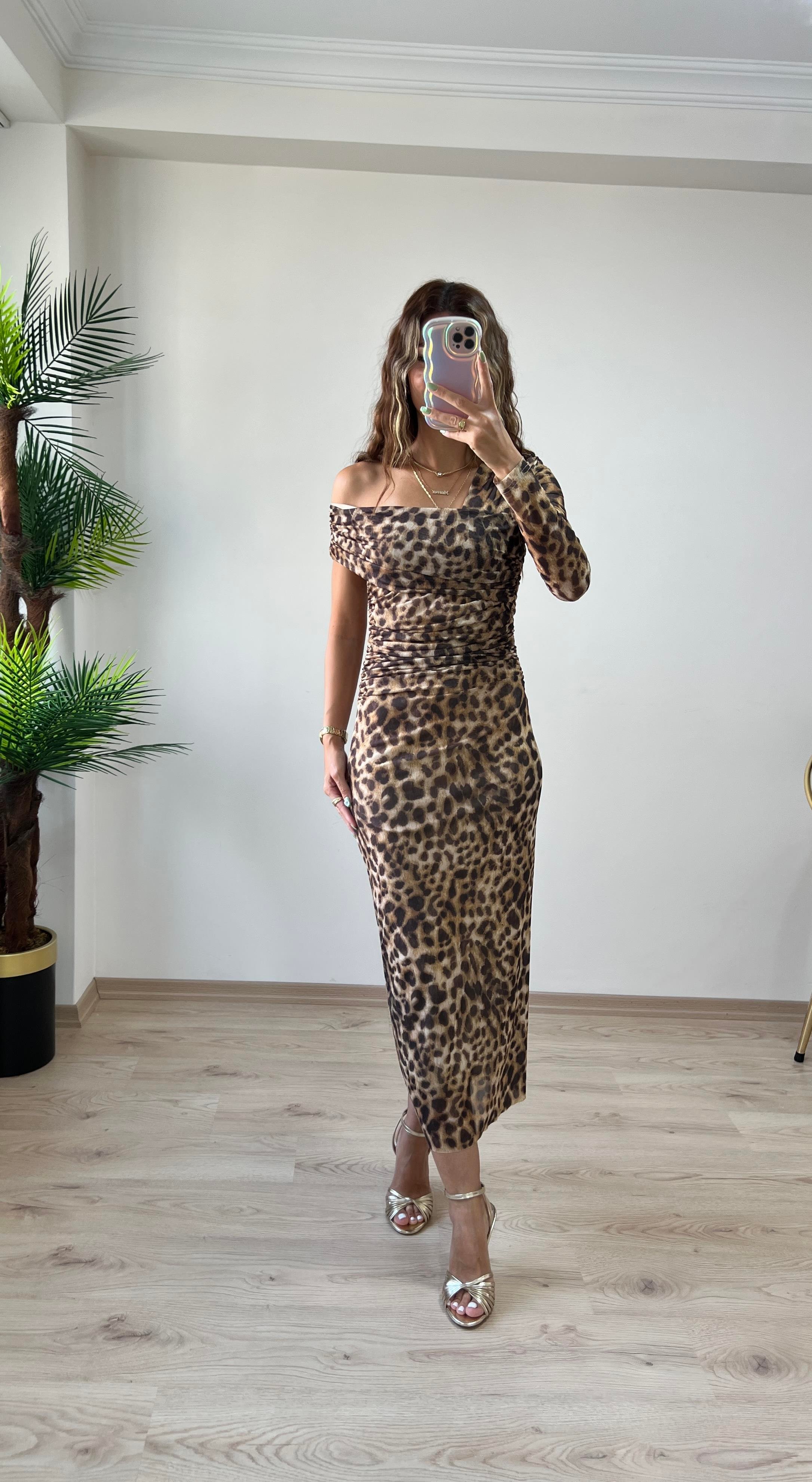 Leopar Desen Tül Drapeli Elbise