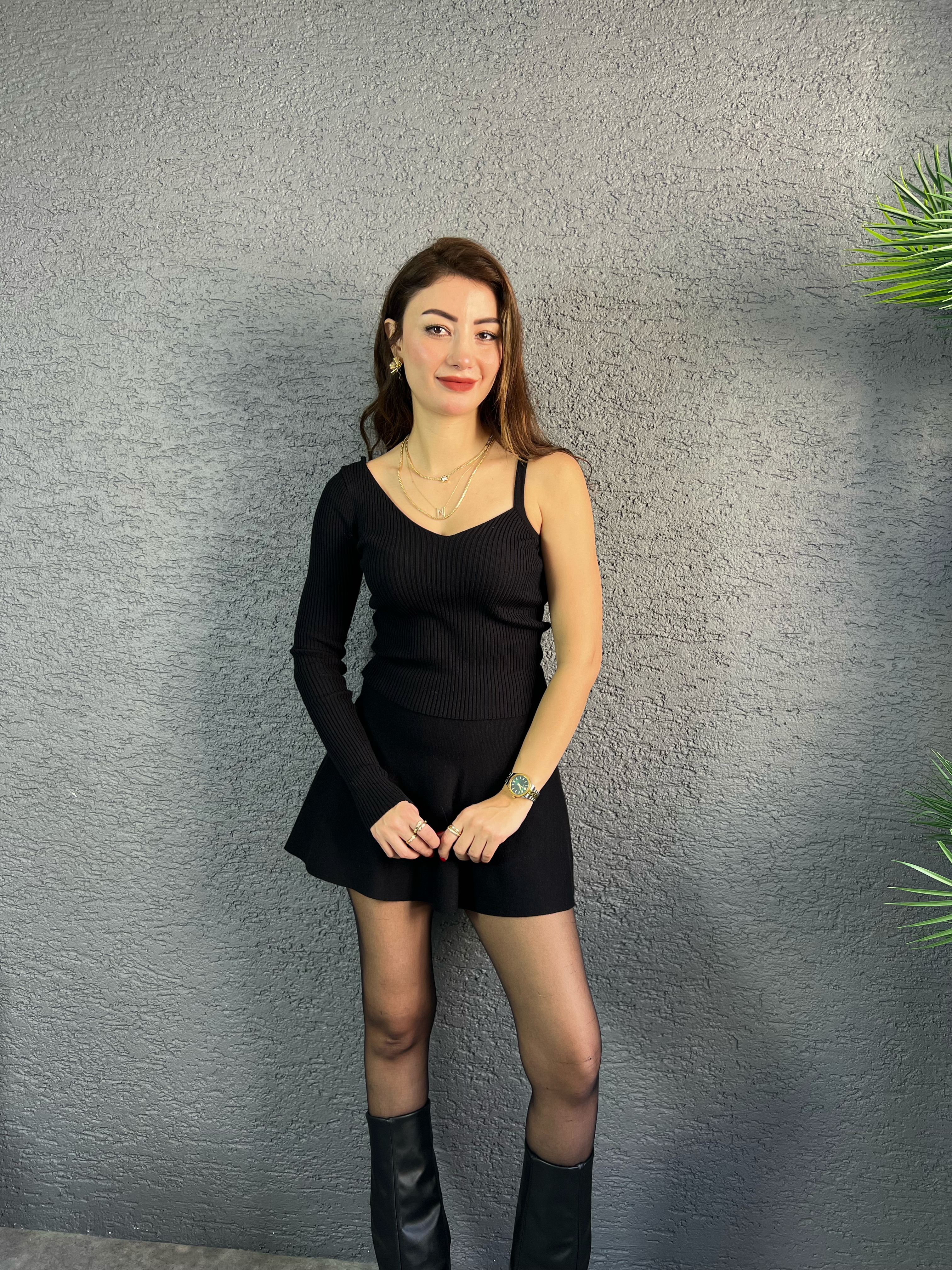 Tek Omuz Fitilli Triko Kazak