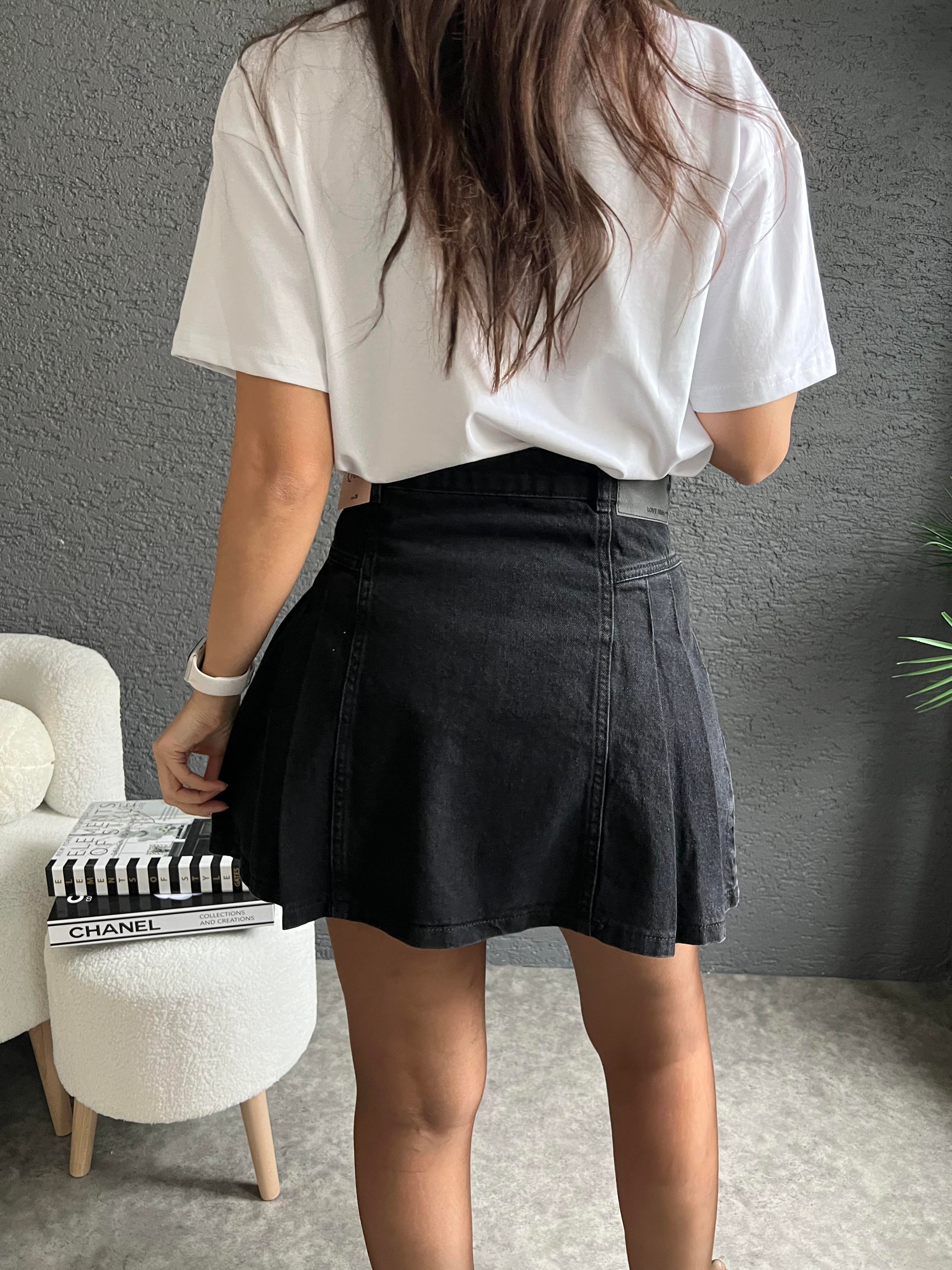 Yandan Pileli Antrasit Denim Etek