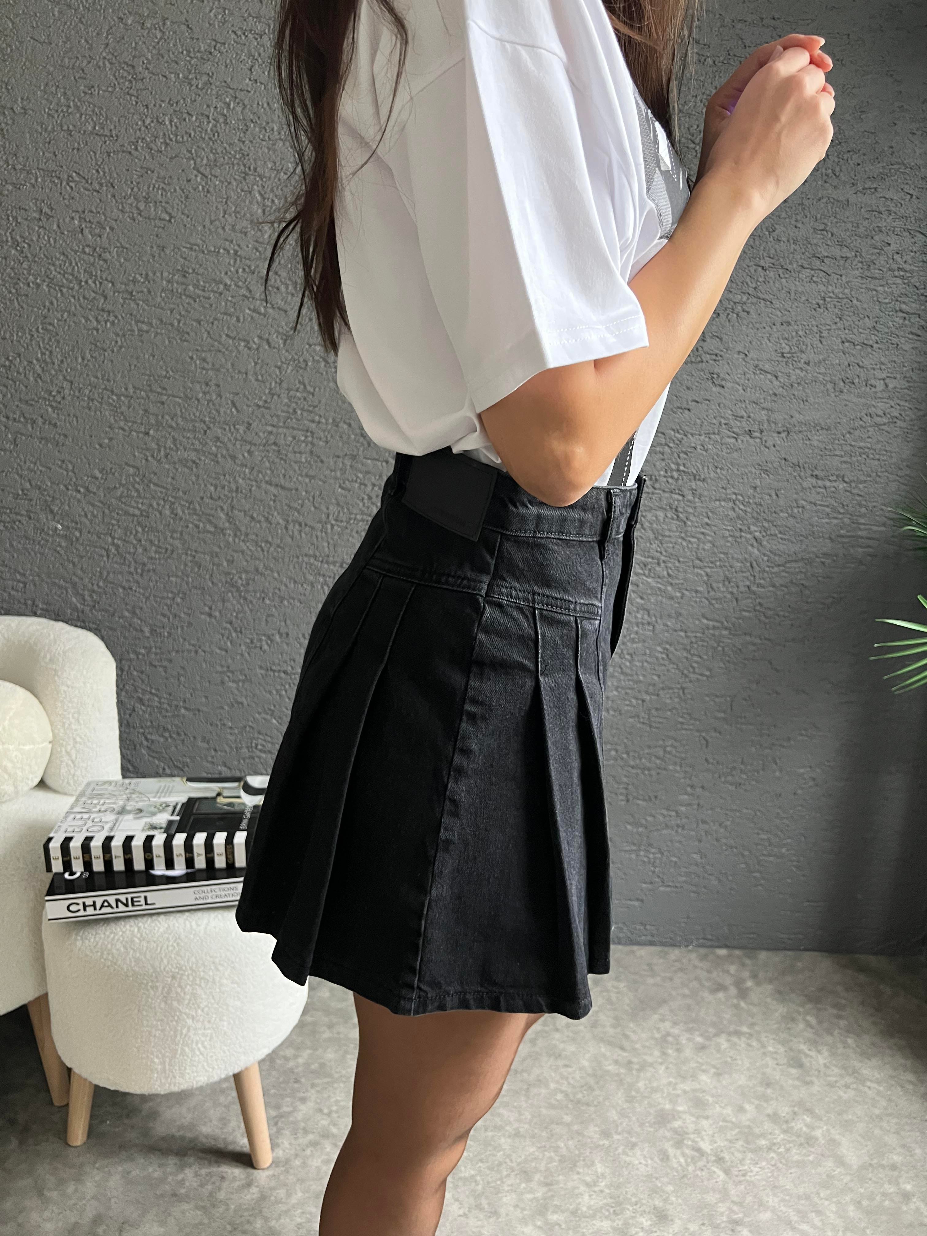 Yandan Pileli Antrasit Denim Etek