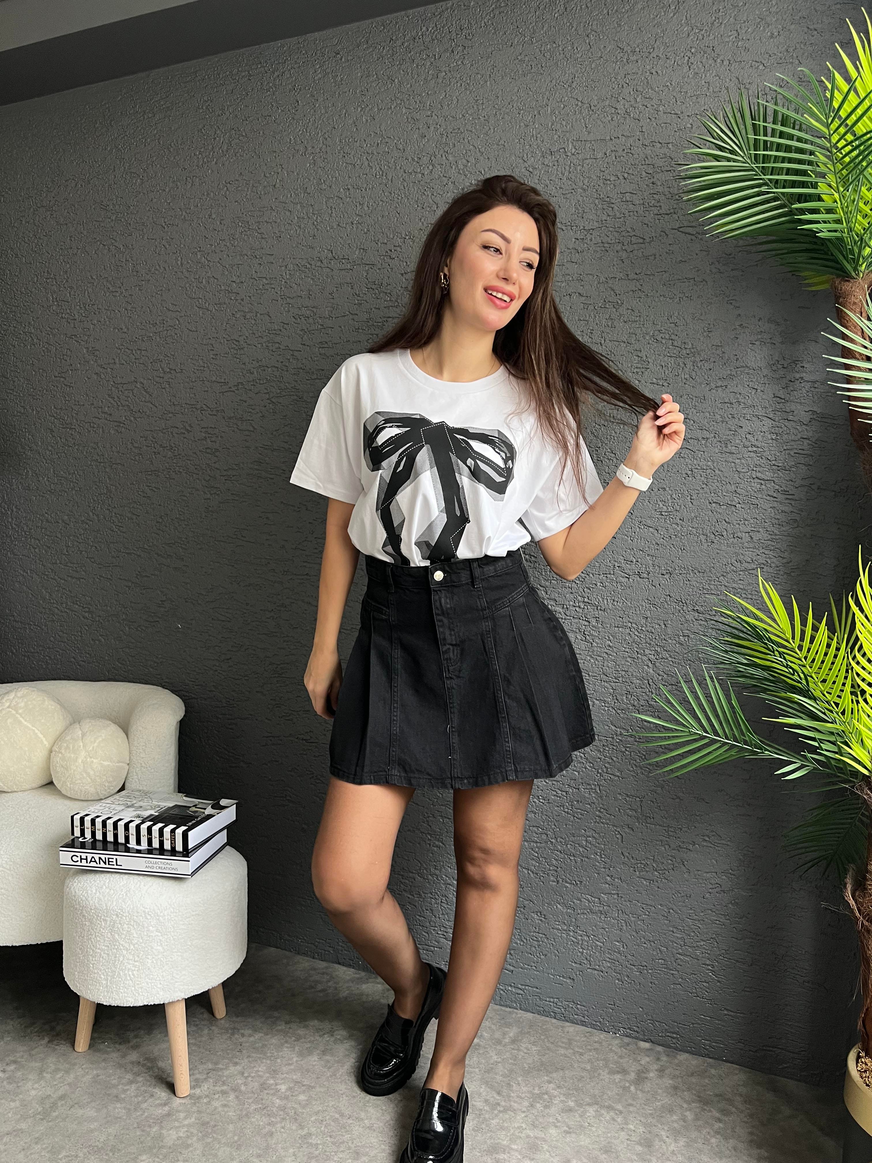Yandan Pileli Antrasit Denim Etek