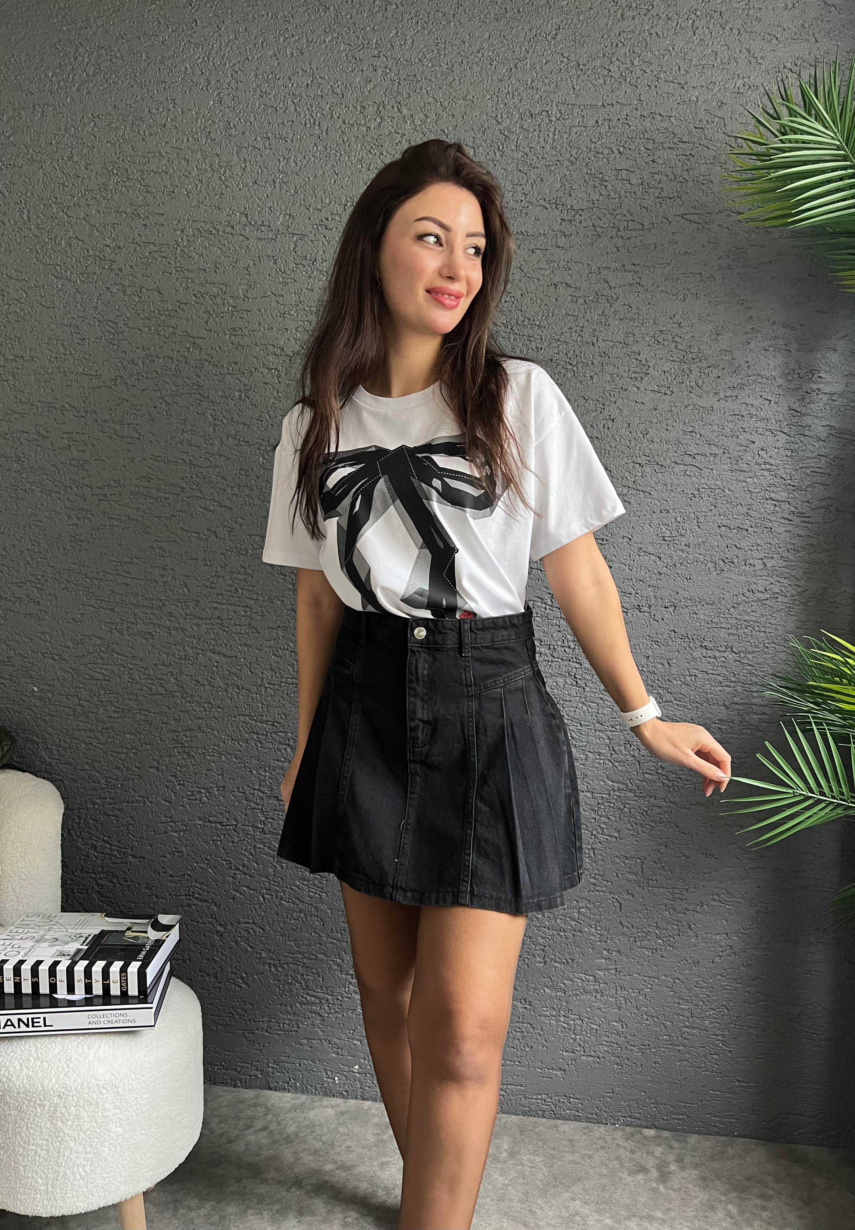 Yandan Pileli Antrasit Denim Etek
