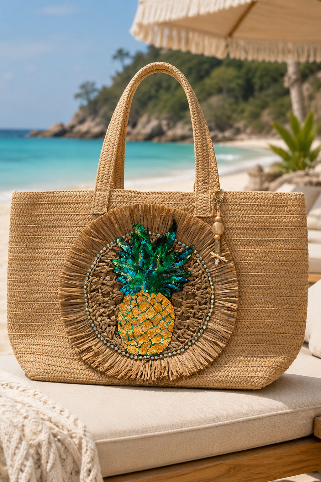 Ananas İşlemeli Plaj Çantası 