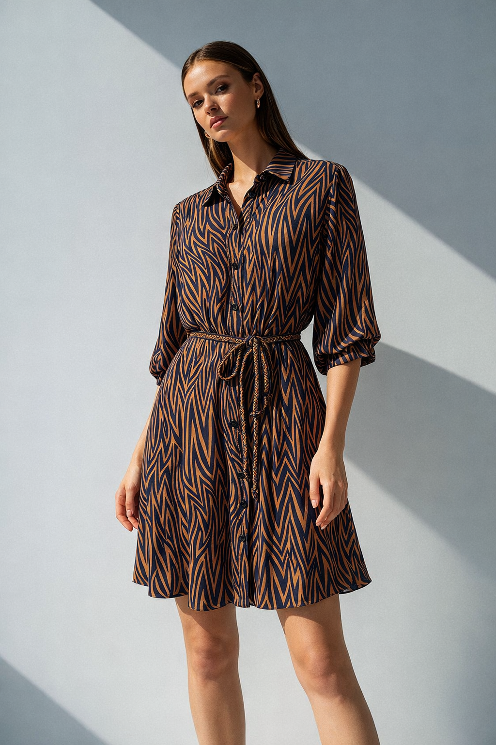 Belde Örme İp Detaylı Zigzag Desenli Kahve Lacivert Gömlek Elbise