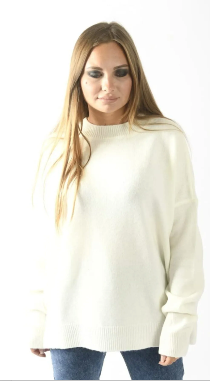 Bisiklet Yaka Oversize Triko Kazak Krem