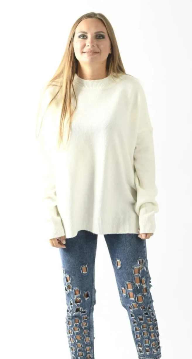 Bisiklet Yaka Oversize Triko Kazak Krem