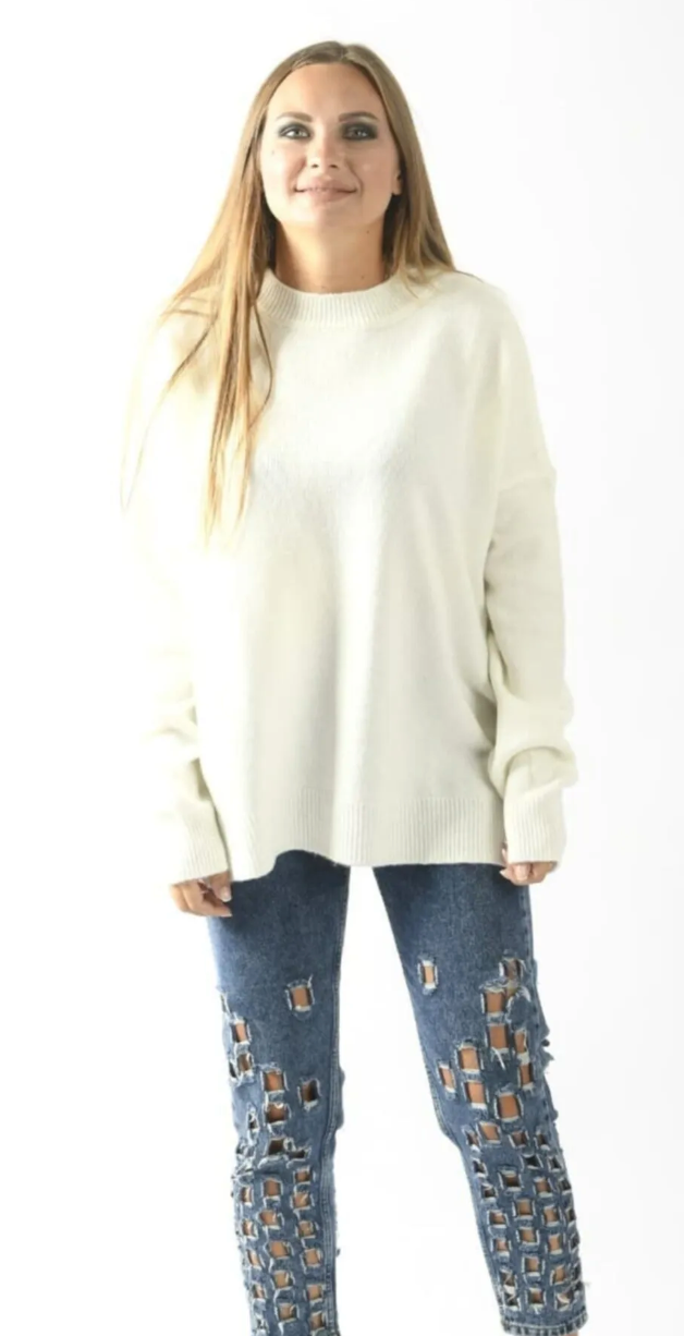 Bisiklet Yaka Oversize Triko Kazak Krem