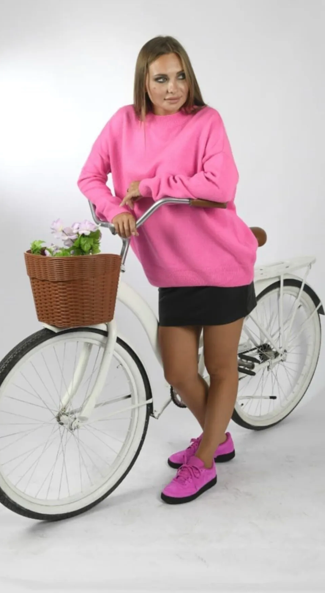 Bisiklet Yaka Oversize Triko Kazak Pembe