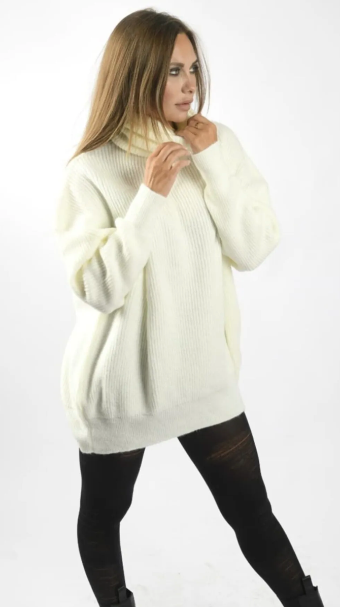 Boğazlı Oversize Kazak Krem