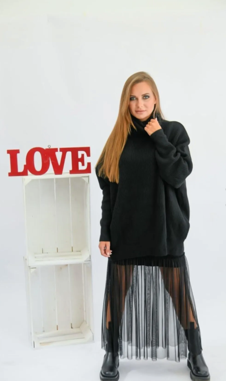 Boğazlı Oversize Kazak Siyah