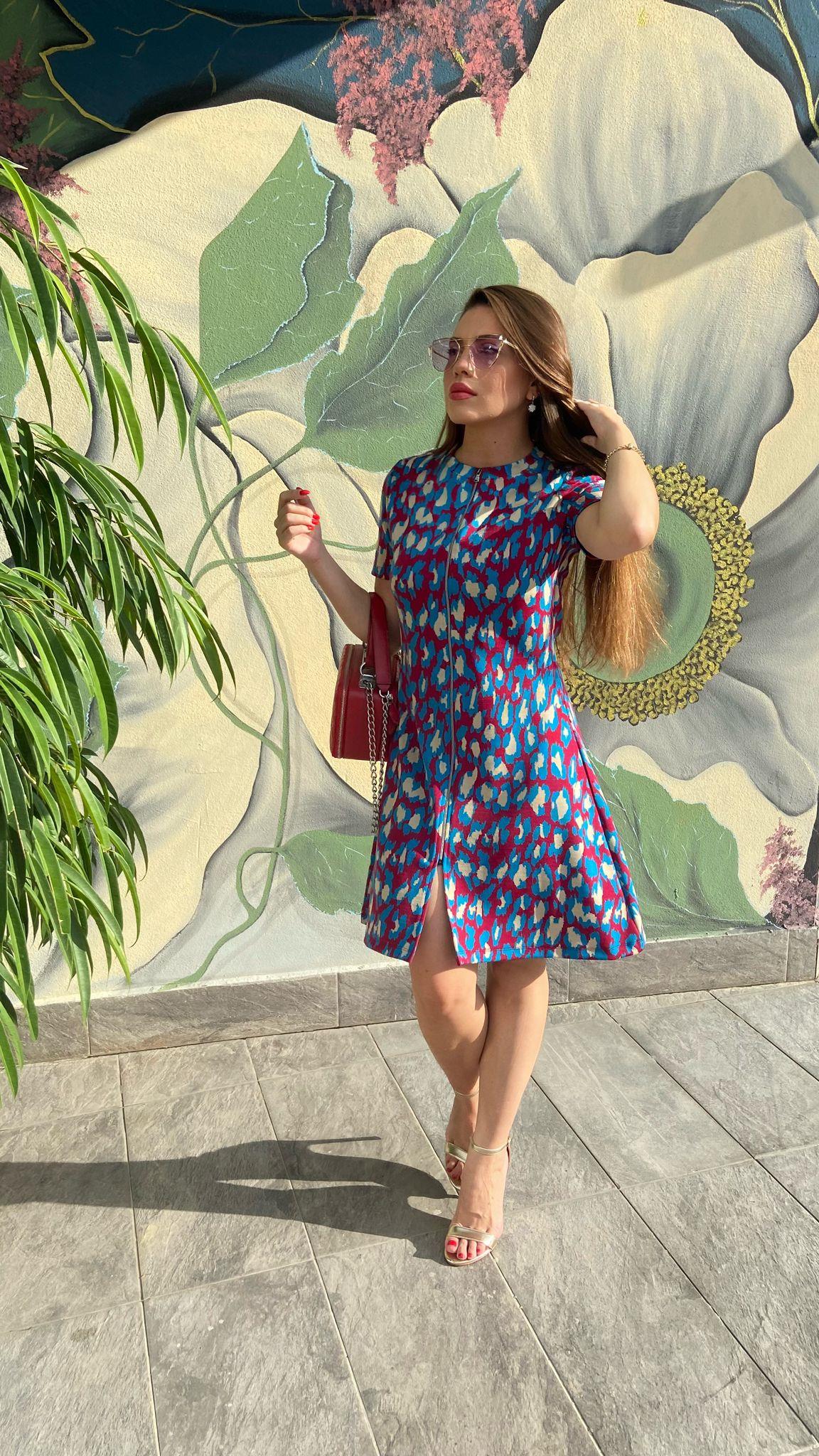Bordo mavi desenli fermuarlı yarım kol triko elbise