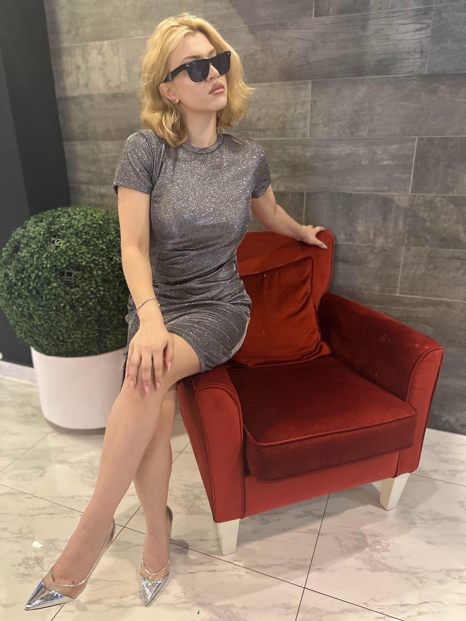 Drape Detaylı yarım kol simli abiye elbise