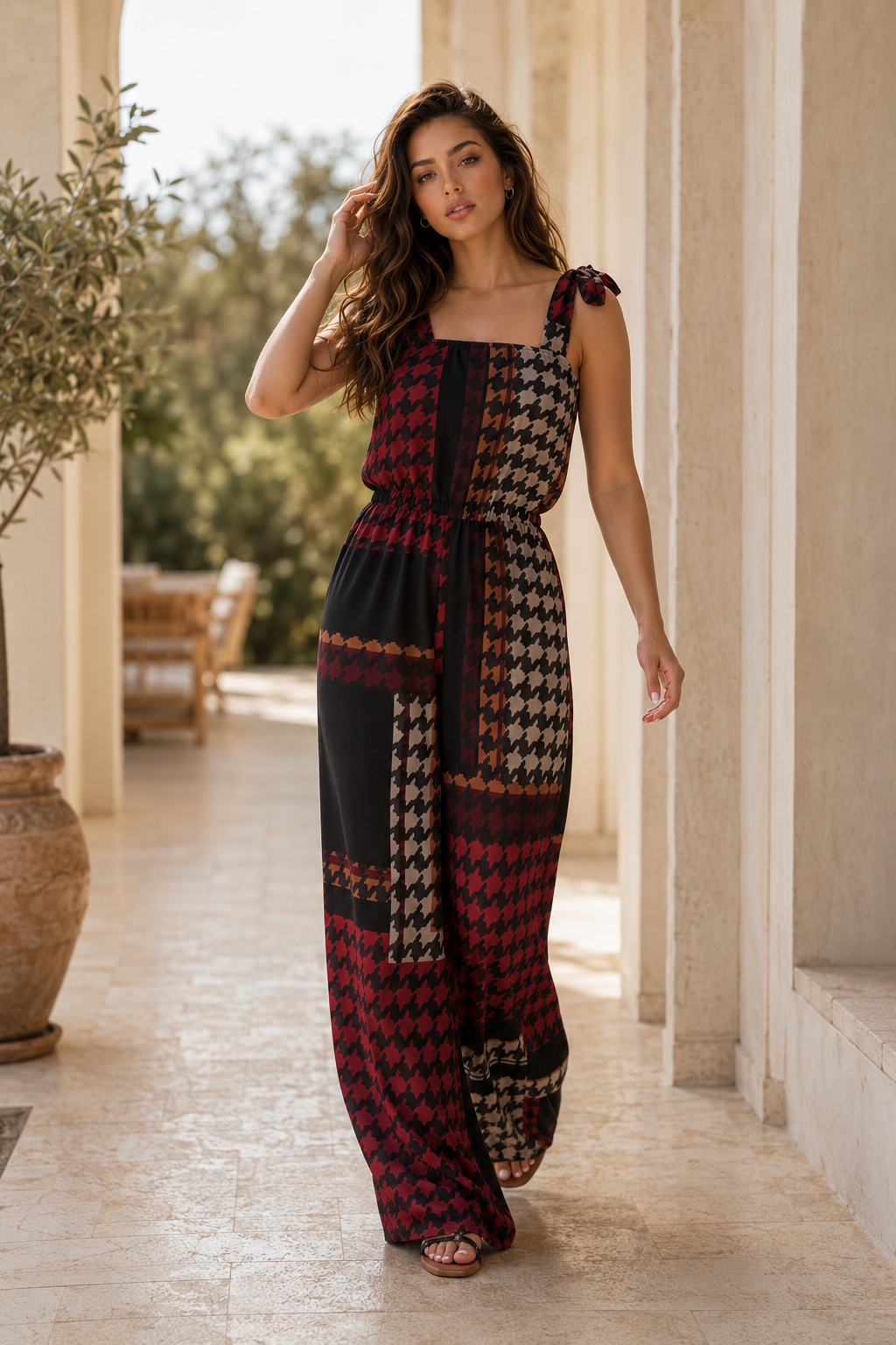 Kazayağı desenli içi astarlı şifon tulum