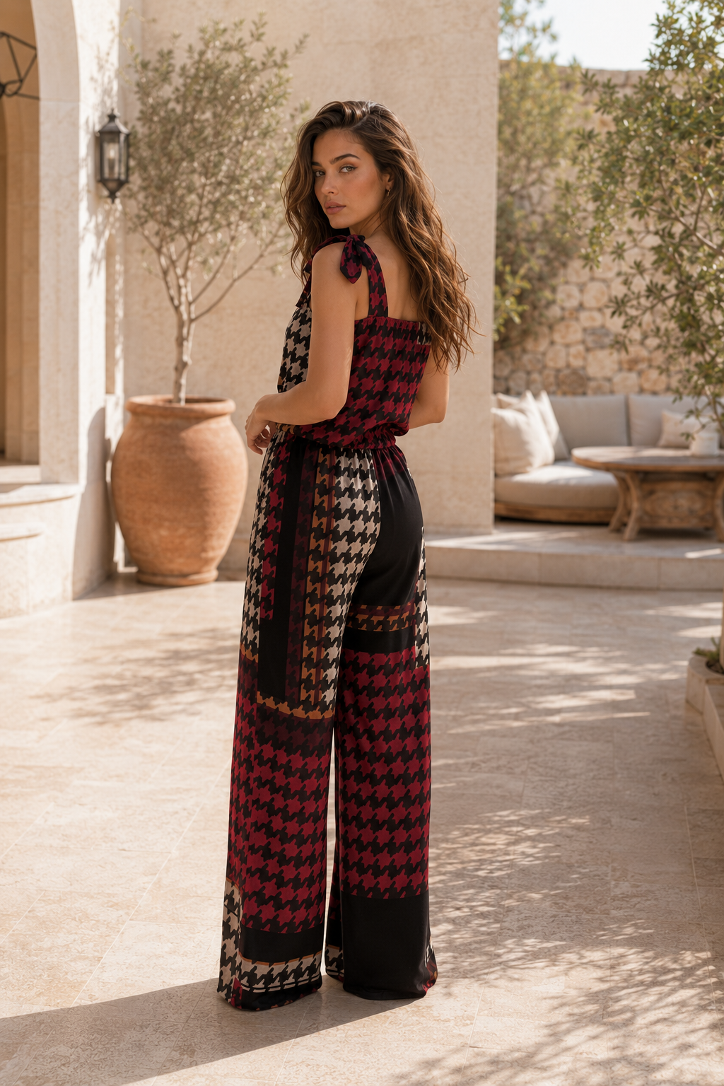 Kazayağı desenli içi astarlı şifon tulum