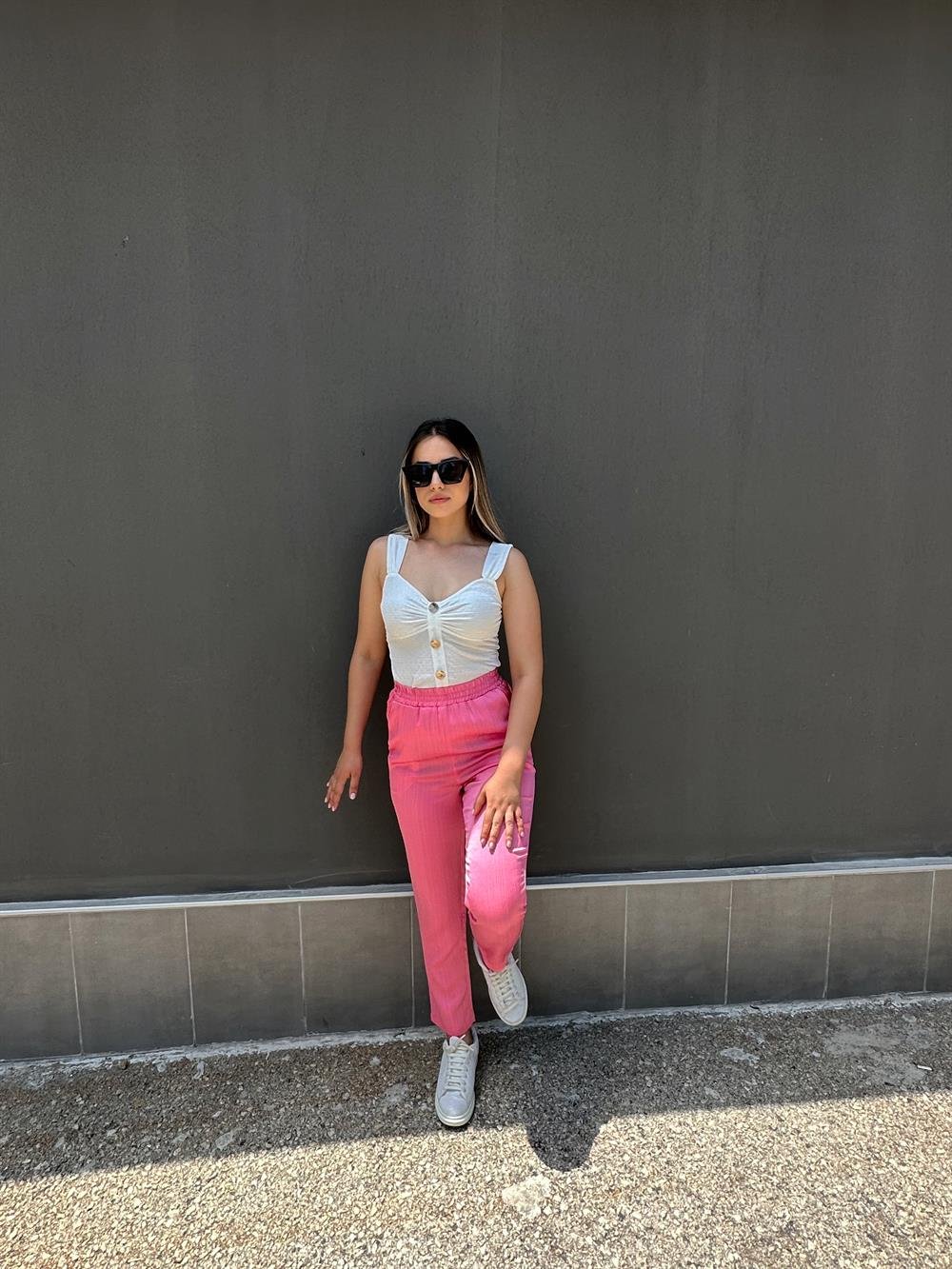 Pembe Beli Lastikli Kumaş Detaylı Pantalon