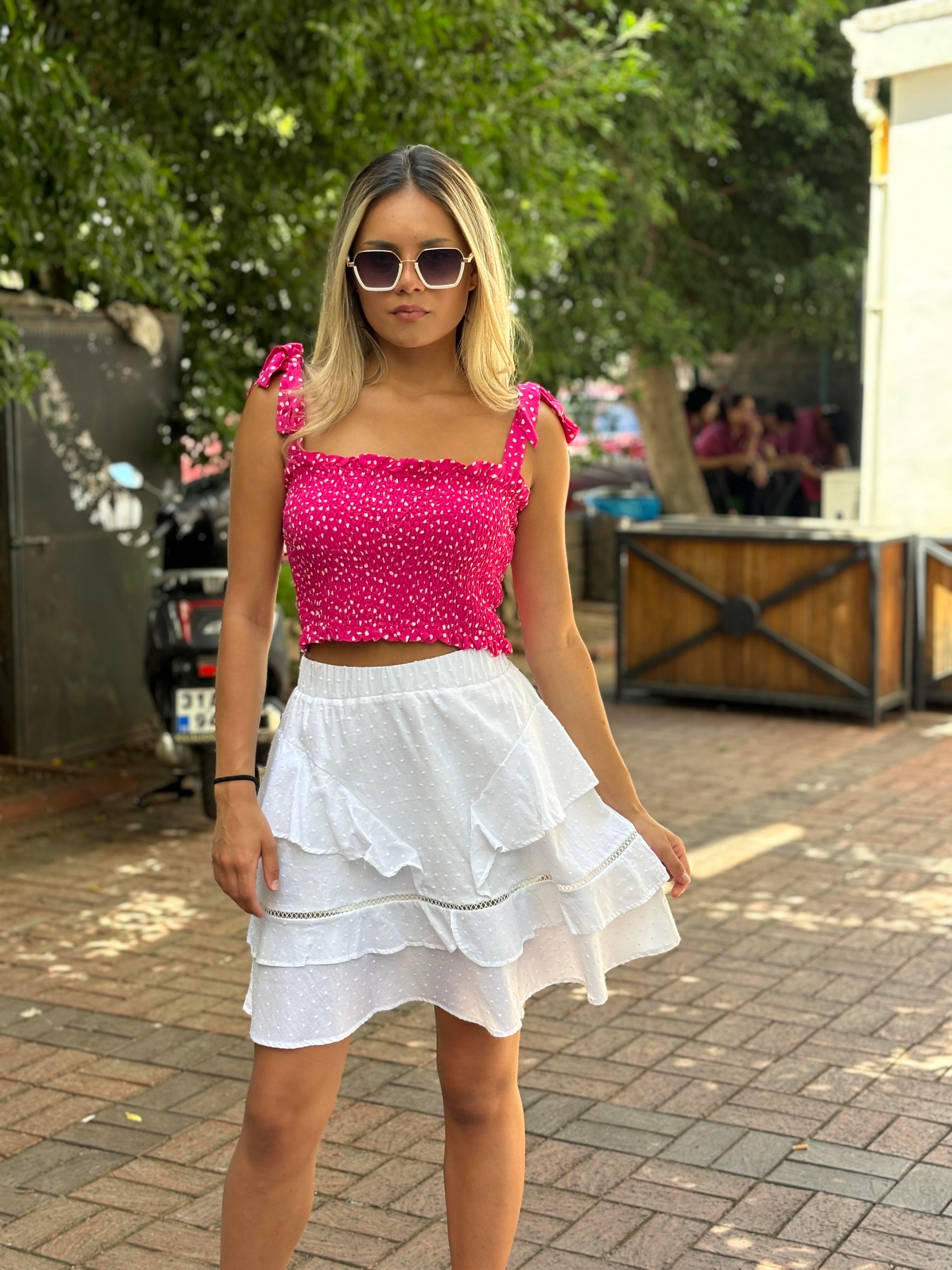 Puan ve Bağlama Detaylı Pembe Crop Bluz