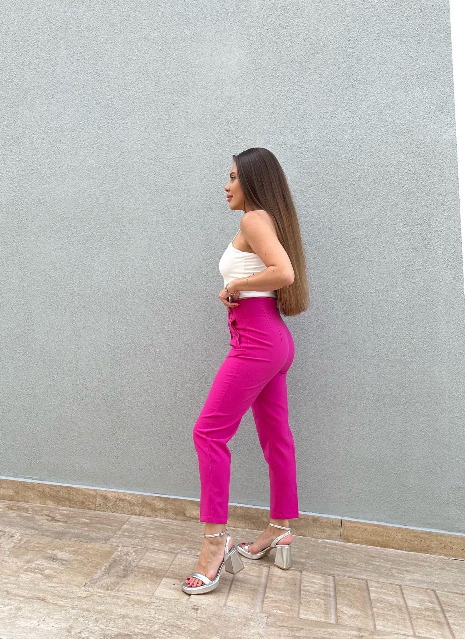 Toparlayıcı Bel Pembe Kumaş Pantolon