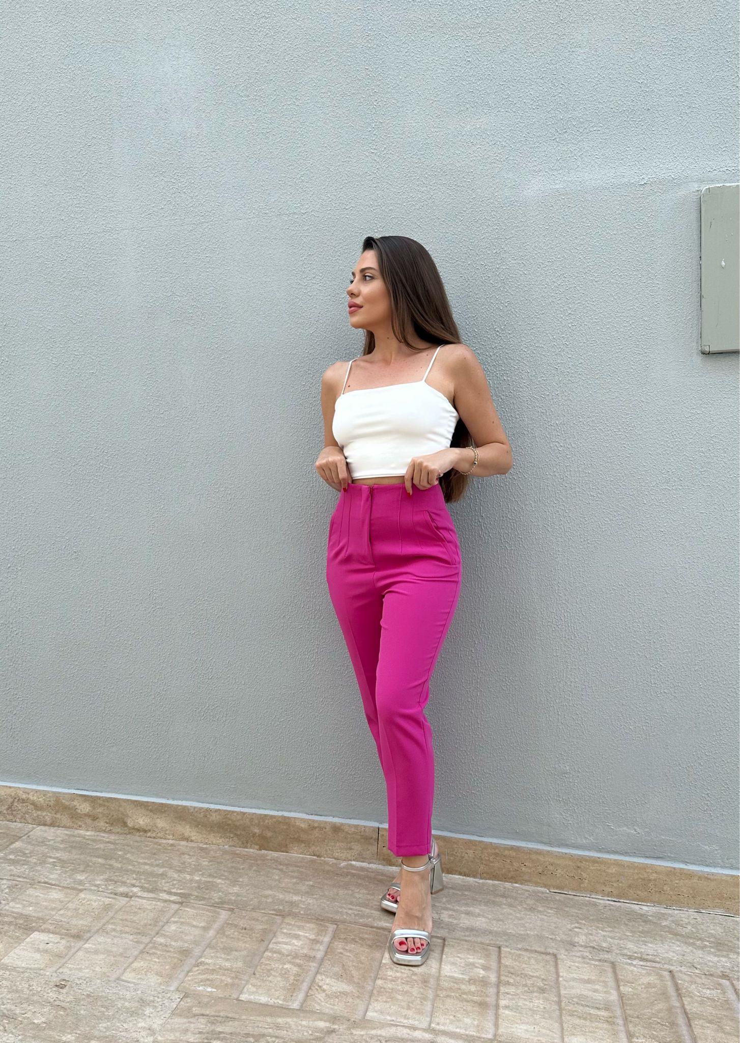 Toparlayıcı Bel Pembe Kumaş Pantolon