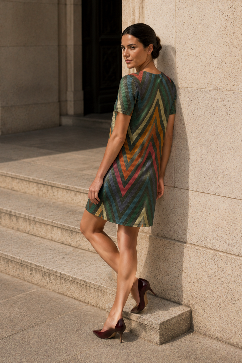 Zigzag Desenli Simli Mini Elbise