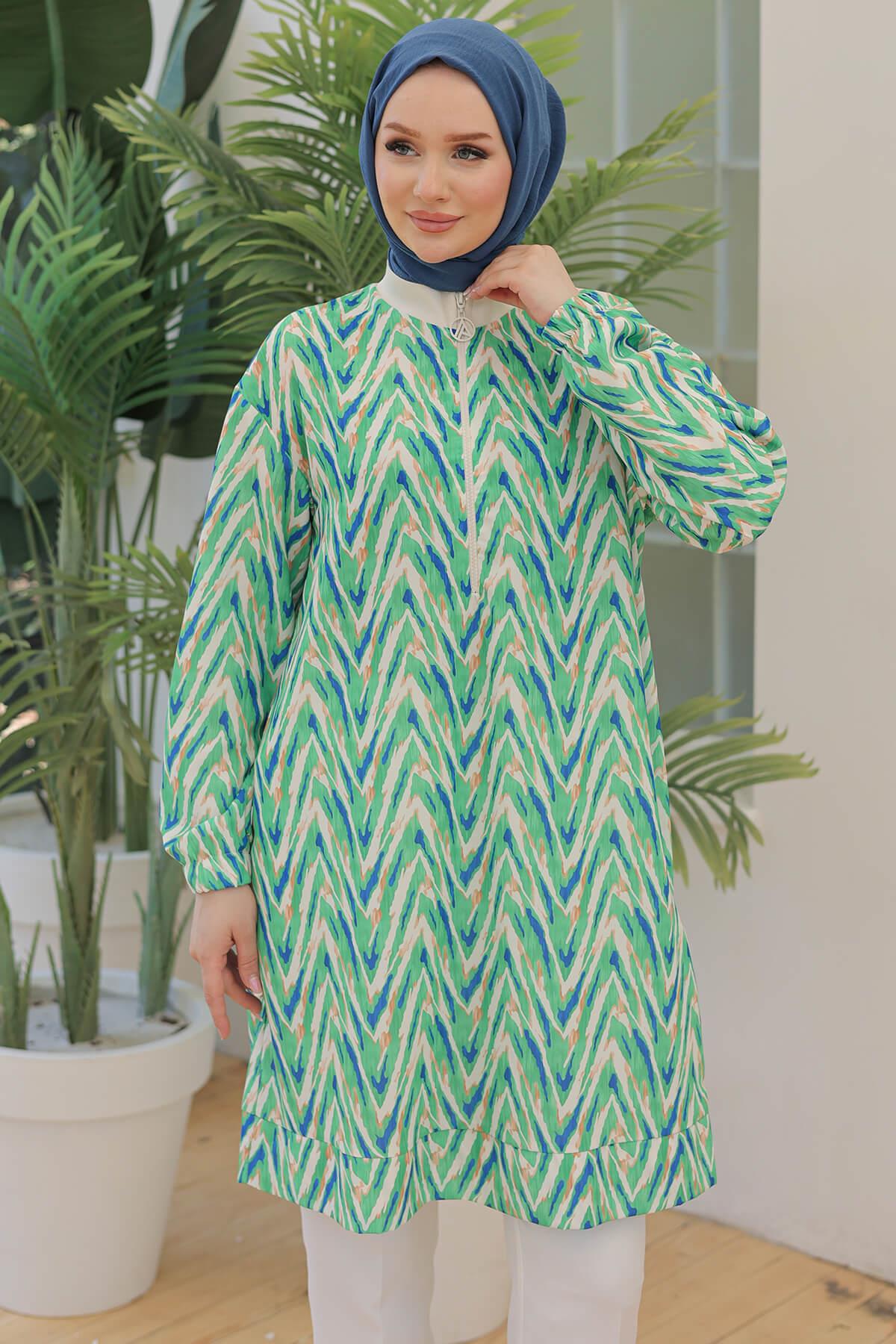 Armine TREND Ön Fermuarlı Desenli Tunik Yeşil 24YT431