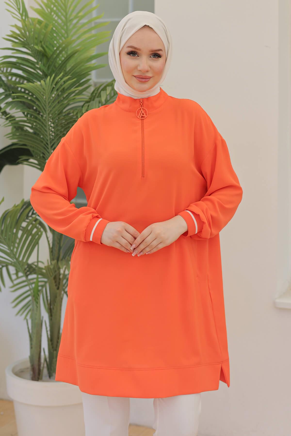 ARMİNE TREND Kolları Ribanalı Yarım Fermuarlı Tunik Mercan 24YT469