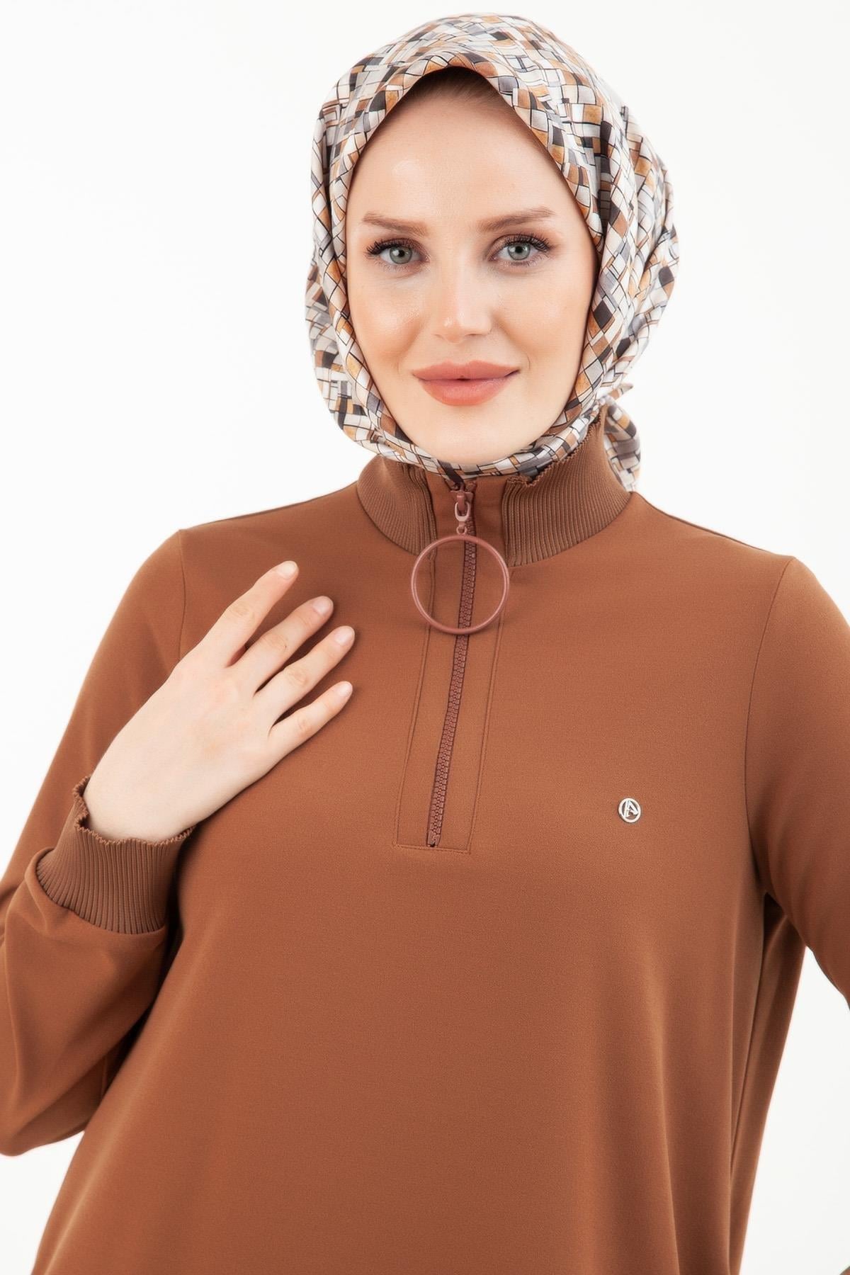 Armine Trend Yakası Halka Fermuarlı Tunik Badem 23kt442