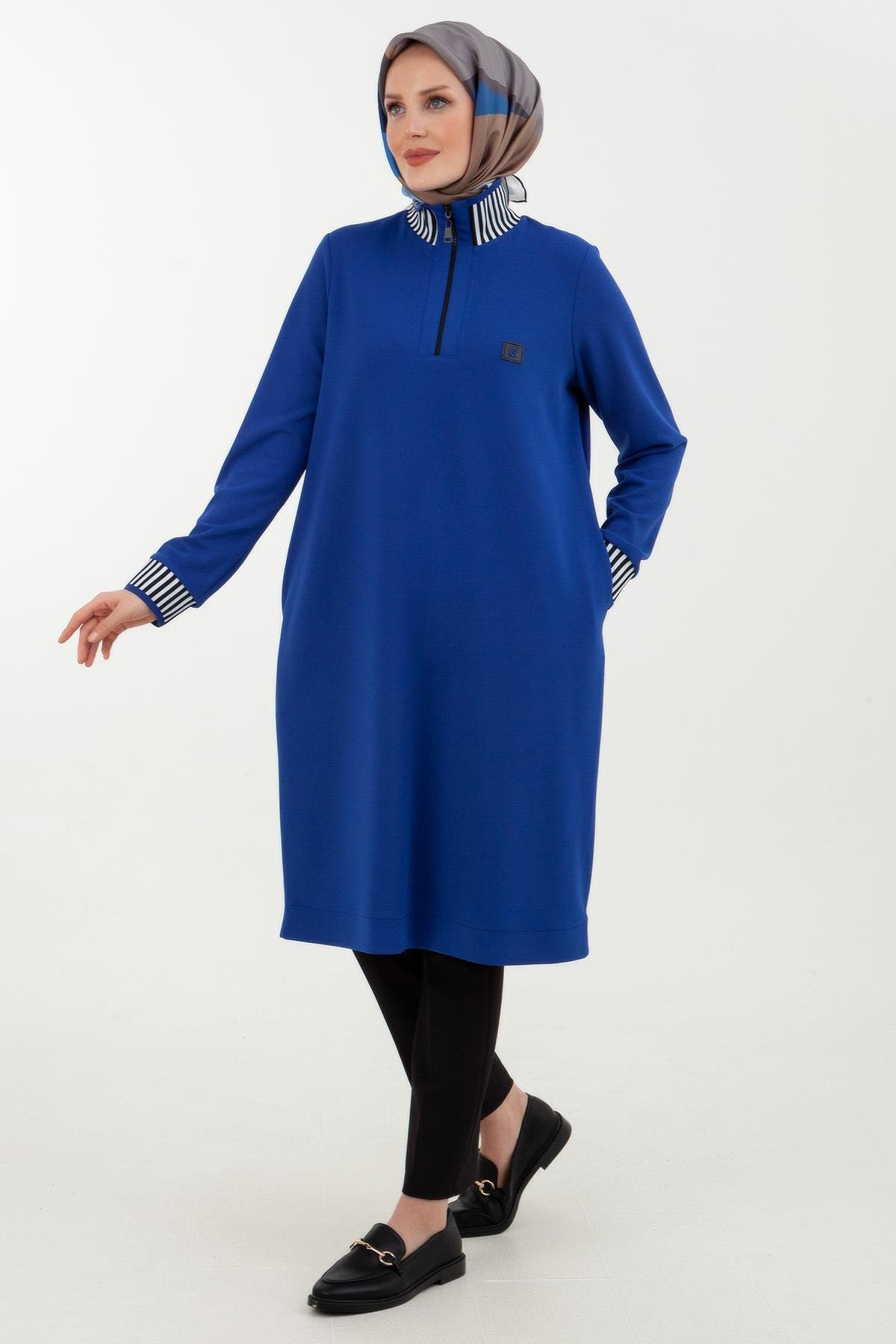 Armine Trend Çizgi Detaylı Lastik Ribana Tunik Saks 23KT423