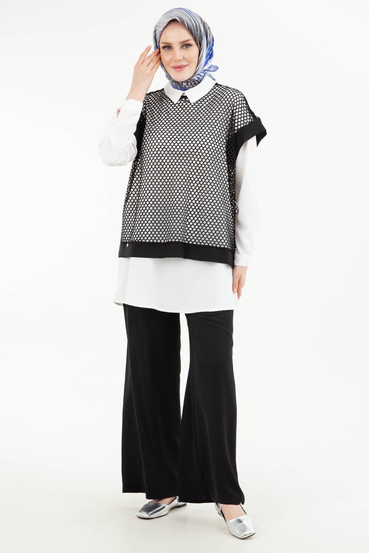 ARMİNE TREND Beli Lastikli Pantolonlu Basic Gömlekli Fileli Üçlü Takım Siyah 24YT633