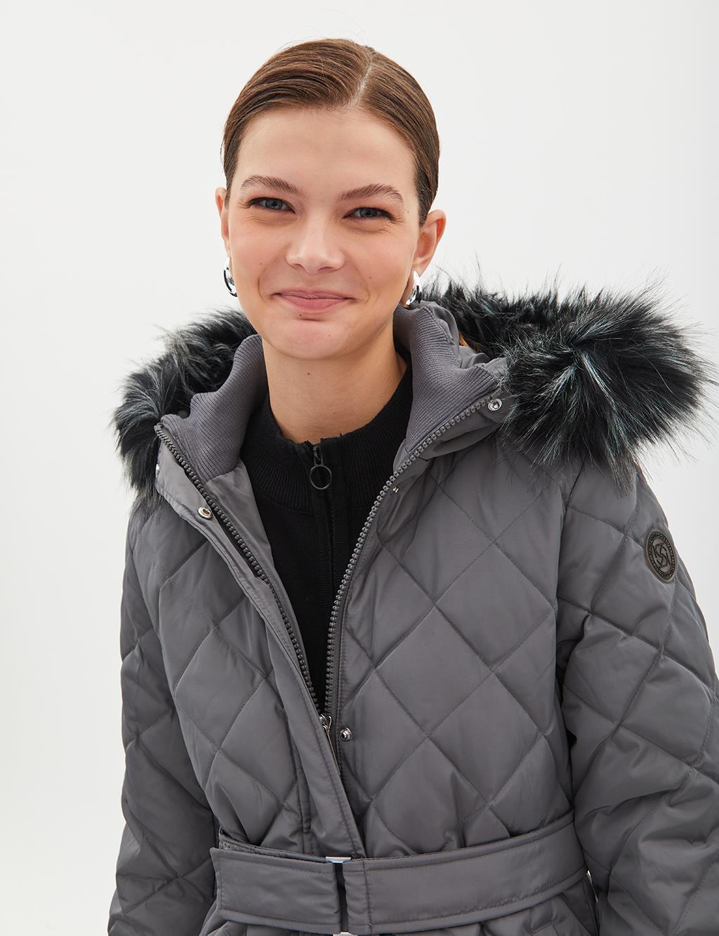 Kayra Baklava Desenli Suni Kürklü Kaz Tüyü Mont Füme KA-A23-27003-48