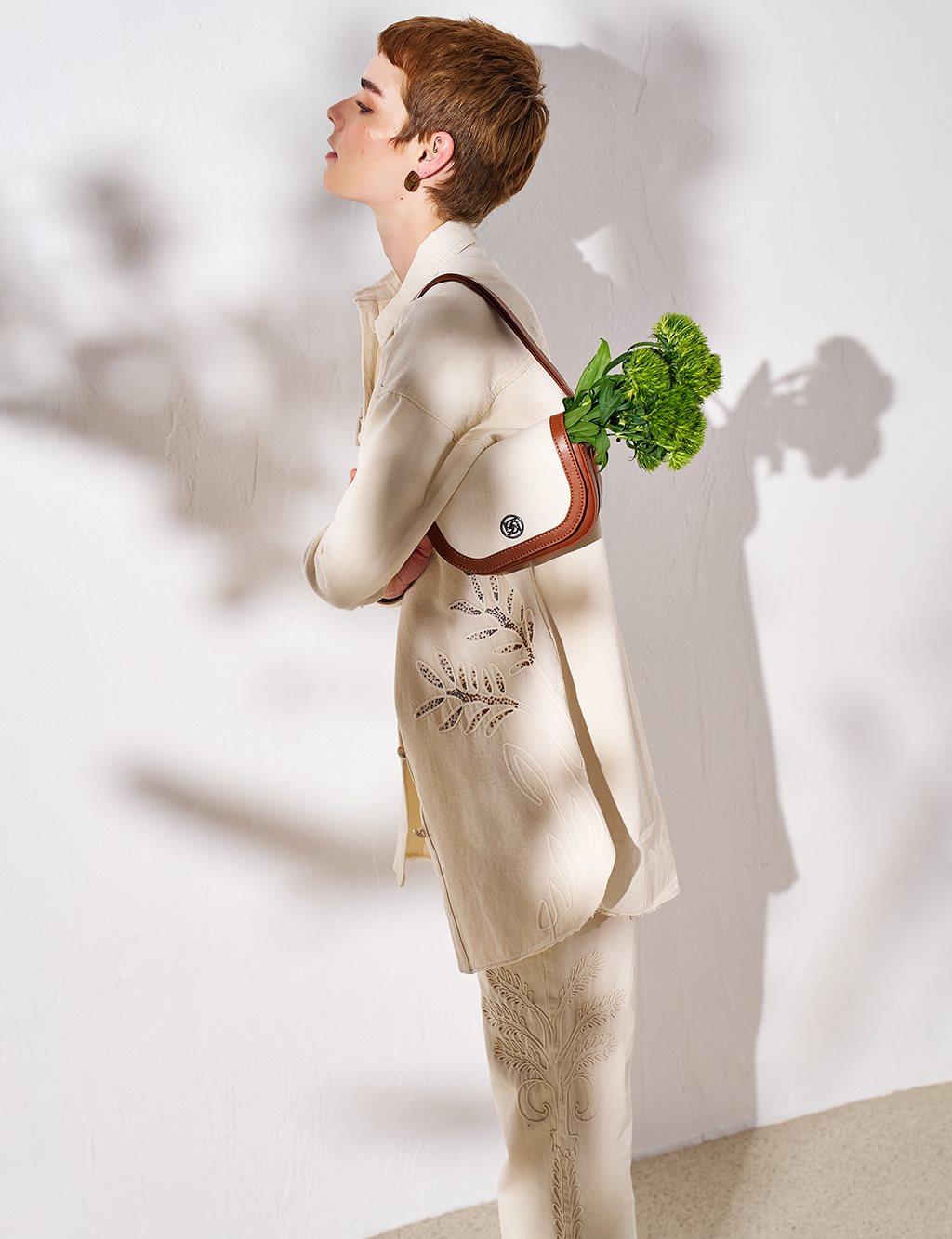 KAYRA Suni Deri Karışımlı Kanvas Omuz Çantası Taba KA-B24-CNT47-51