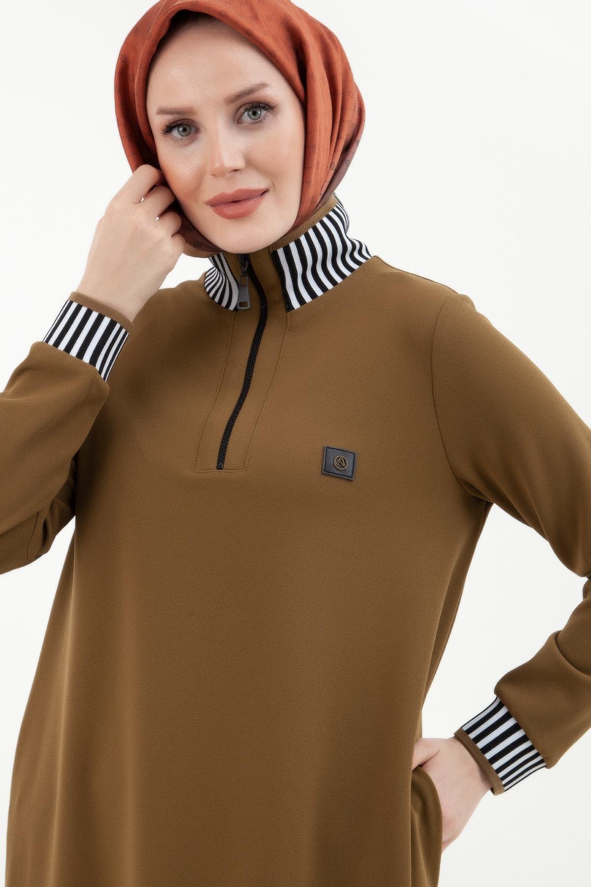 Armine Trend Çizgi Detaylı Lastik Ribana Tunik Olive 23KT423