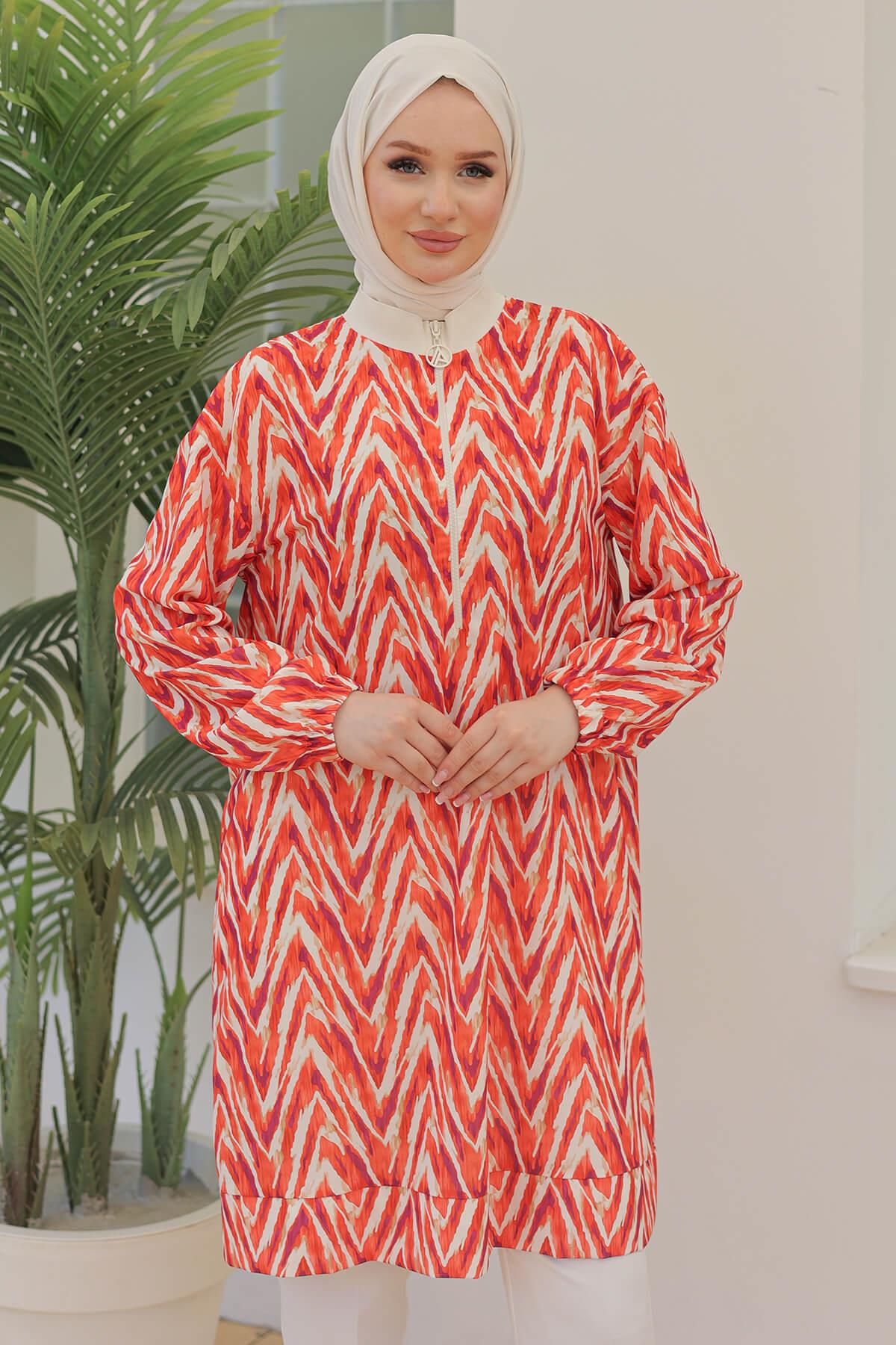 Armine TREND Ön Fermuarlı Desenli Tunik Mercan 24YT431