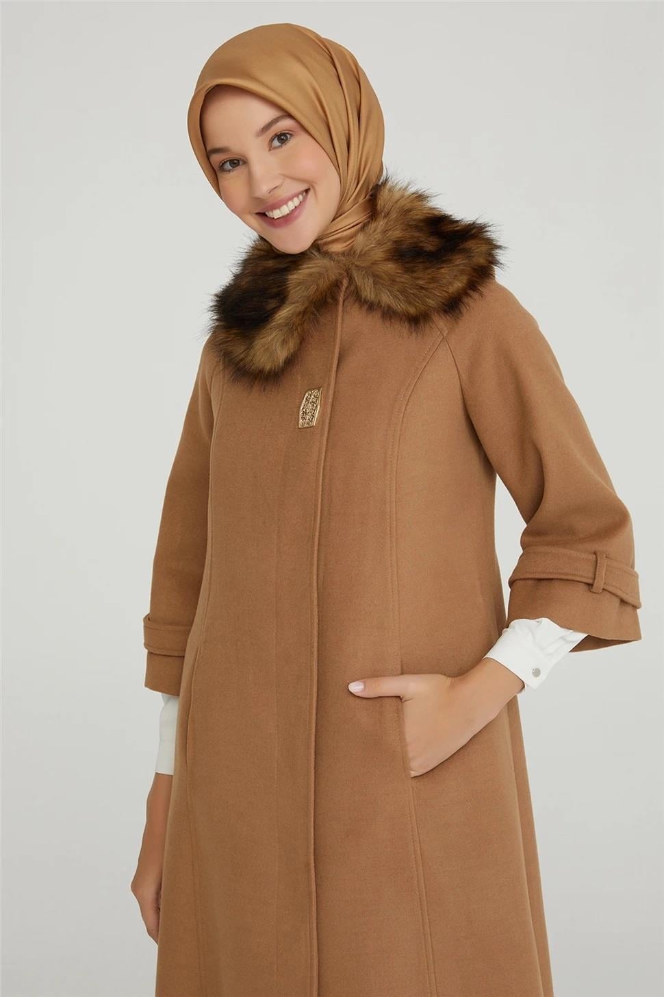Armine Trend Yakası Kürklü Kaşe Kaban 22KT790 22KT750 Camel