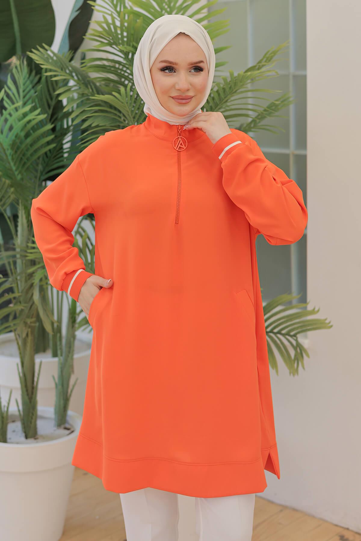 ARMİNE TREND Kolları Ribanalı Yarım Fermuarlı Tunik Mercan 24YT469