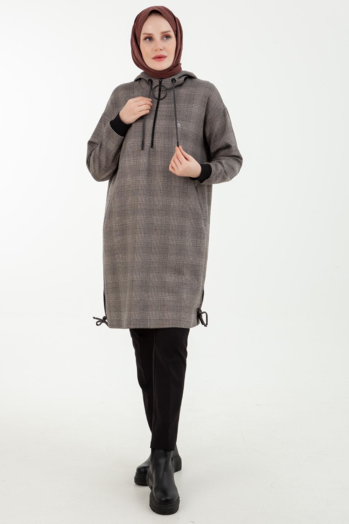 Armine Trend Ekose Desenli Önden Fermuarlı Kapüşonlu Tunik Vizon 23KT443