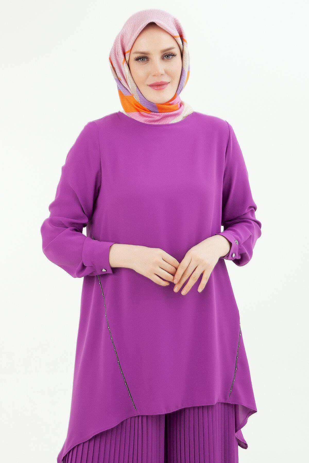 Armine TREND İpek Krep Kumaş Pantolonu Piliseli İkili Takım Erguvan 24YT635