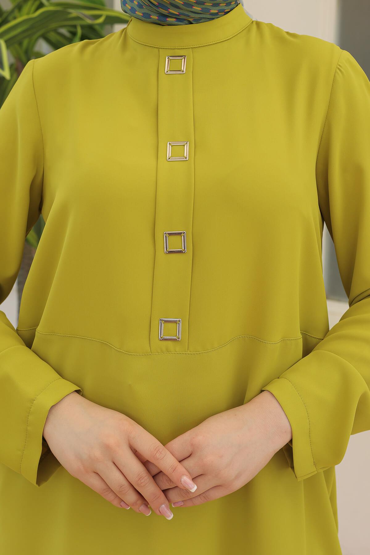 ARMİNE TREND Kare Çıtçıtlı Tunik Fıstık Yeşil 24YT451