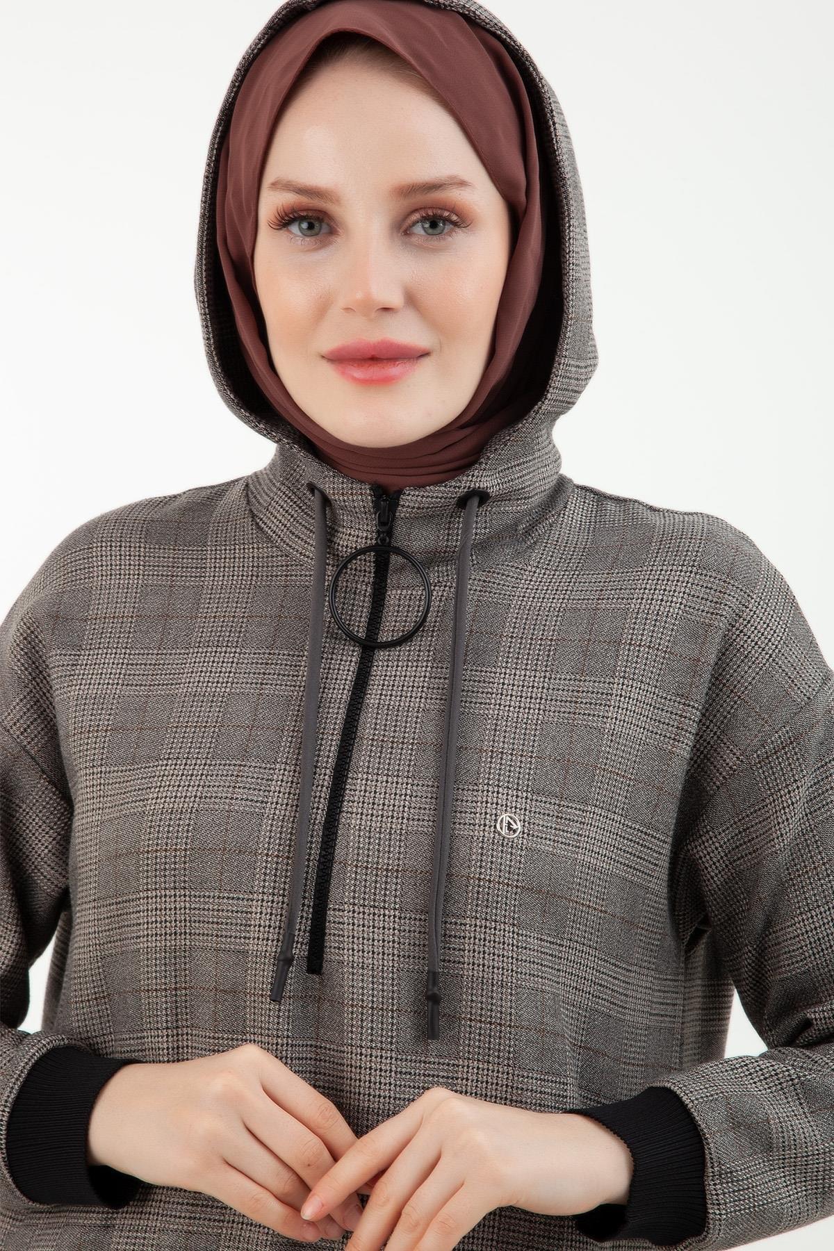 Armine Trend Ekose Desenli Önden Fermuarlı Kapüşonlu Tunik Vizon 23KT443