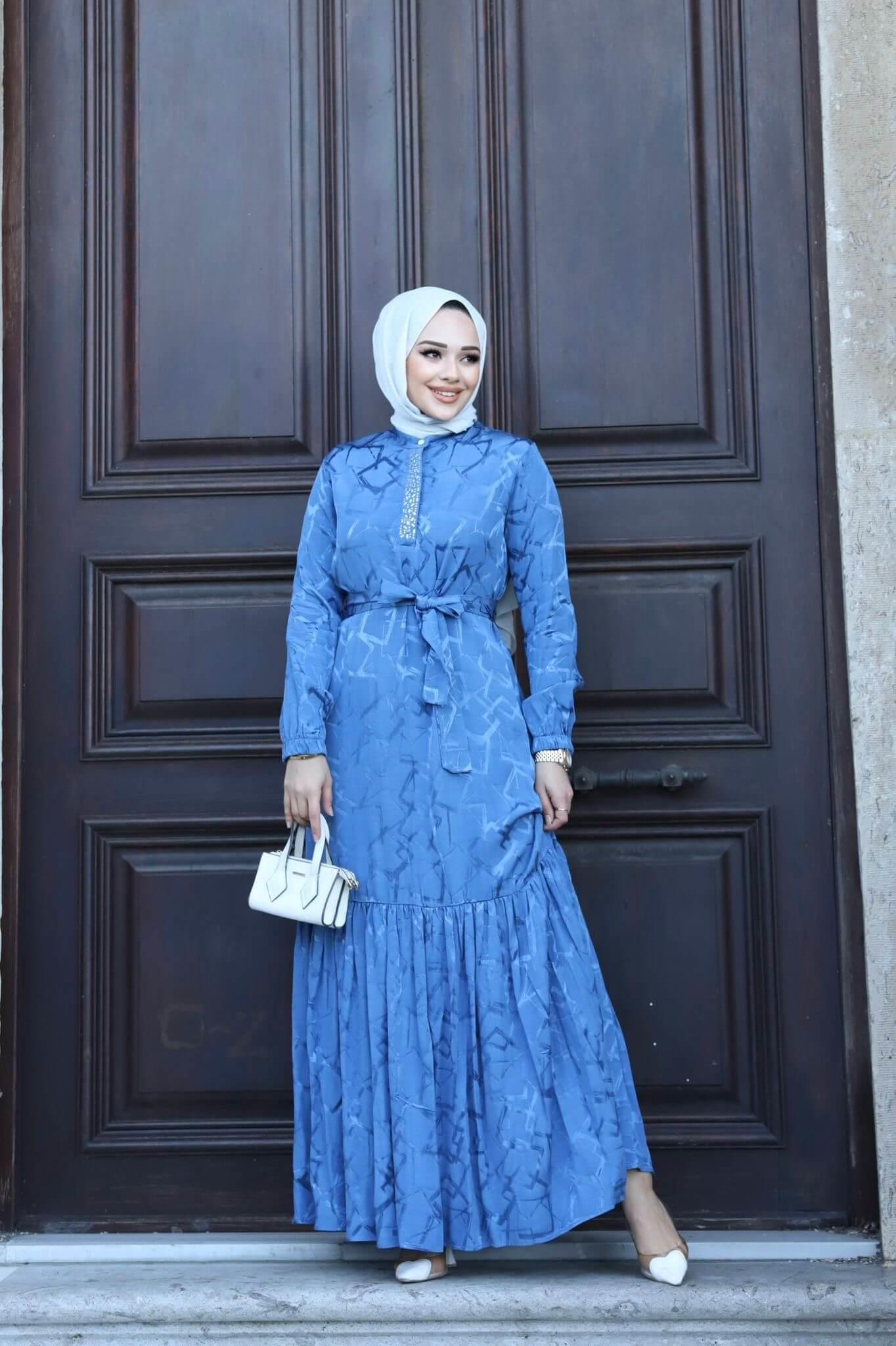 NOHSE Jakarlı Elbise Mavi
